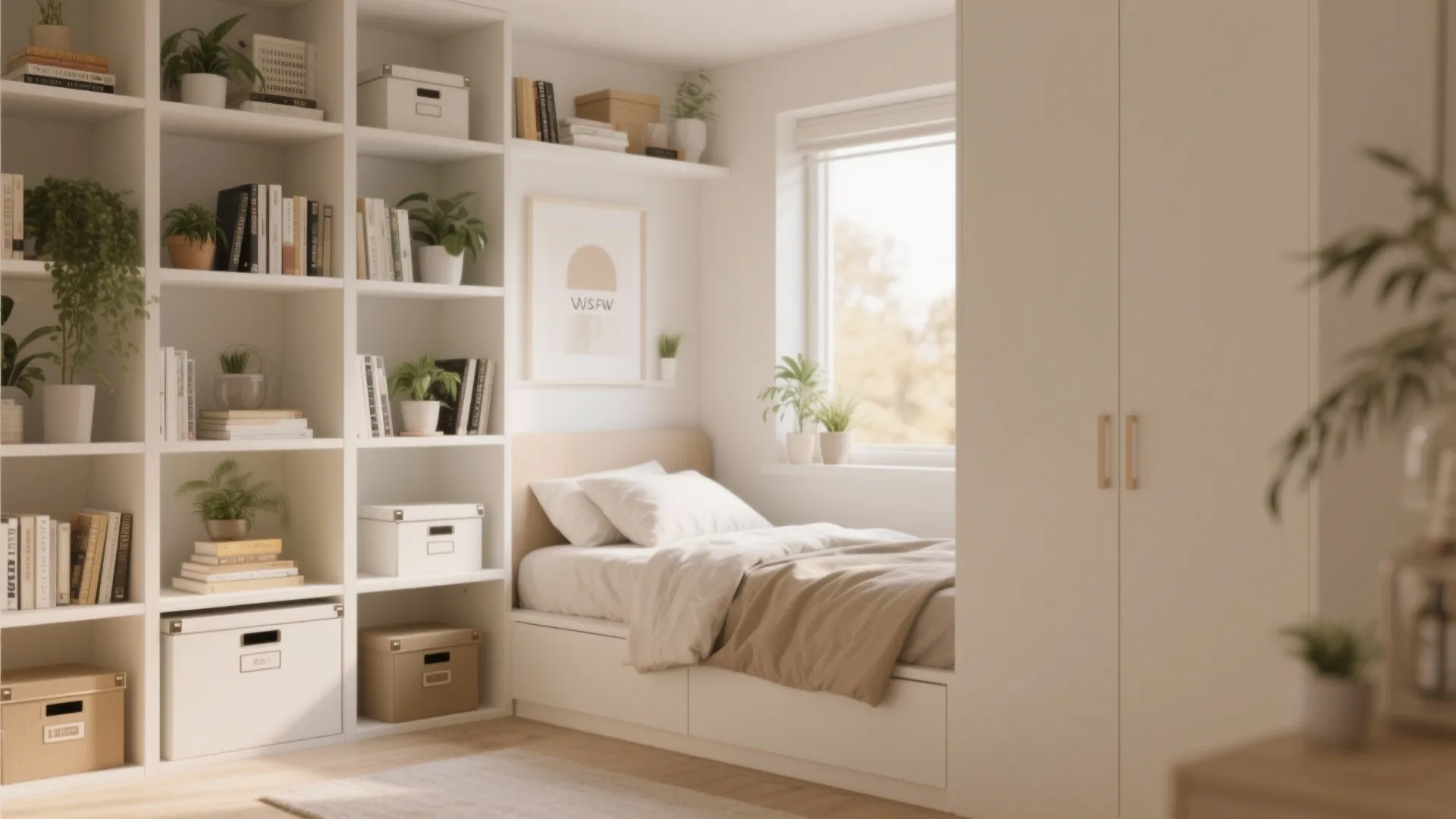 Minimalist small bedroom featuring white open shelving unit with green plants beside a single bed