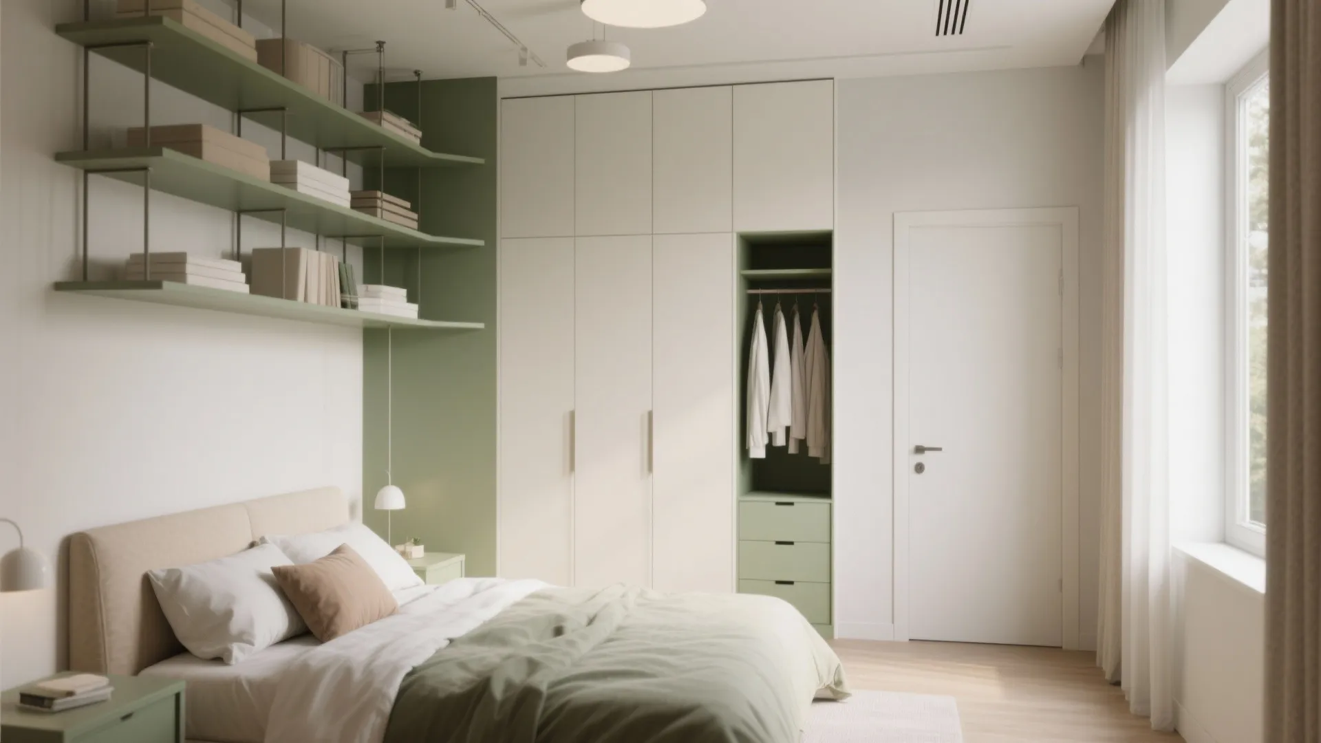 Modern bedroom with green wall shelves white cabinet bed with green bedding and ceiling lights