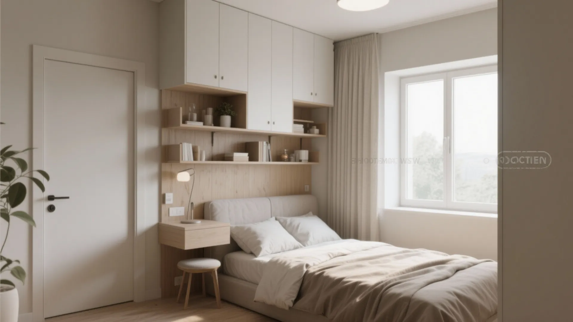 Small bedroom with tall shelving units and above-door storage