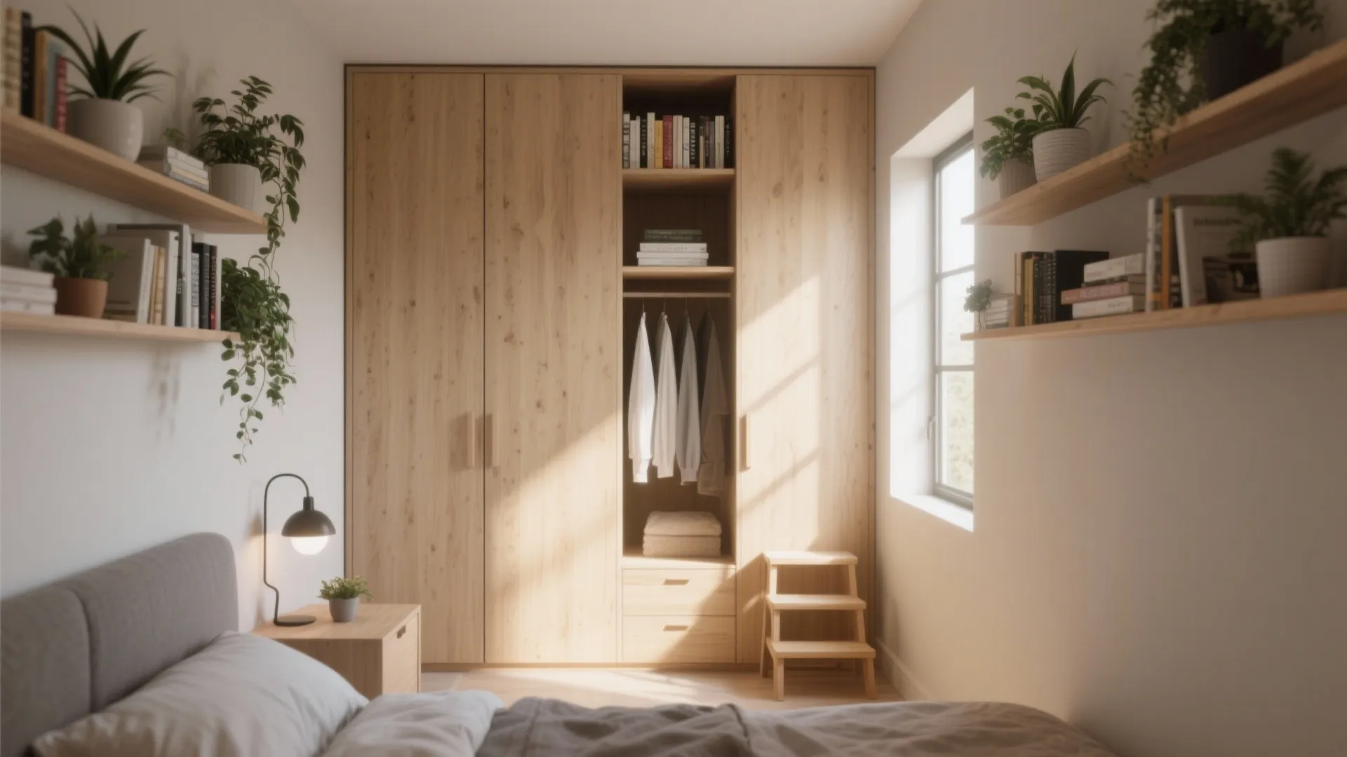 Small bedroom layout with wooden wall cabinet shelves for plants and books near a window