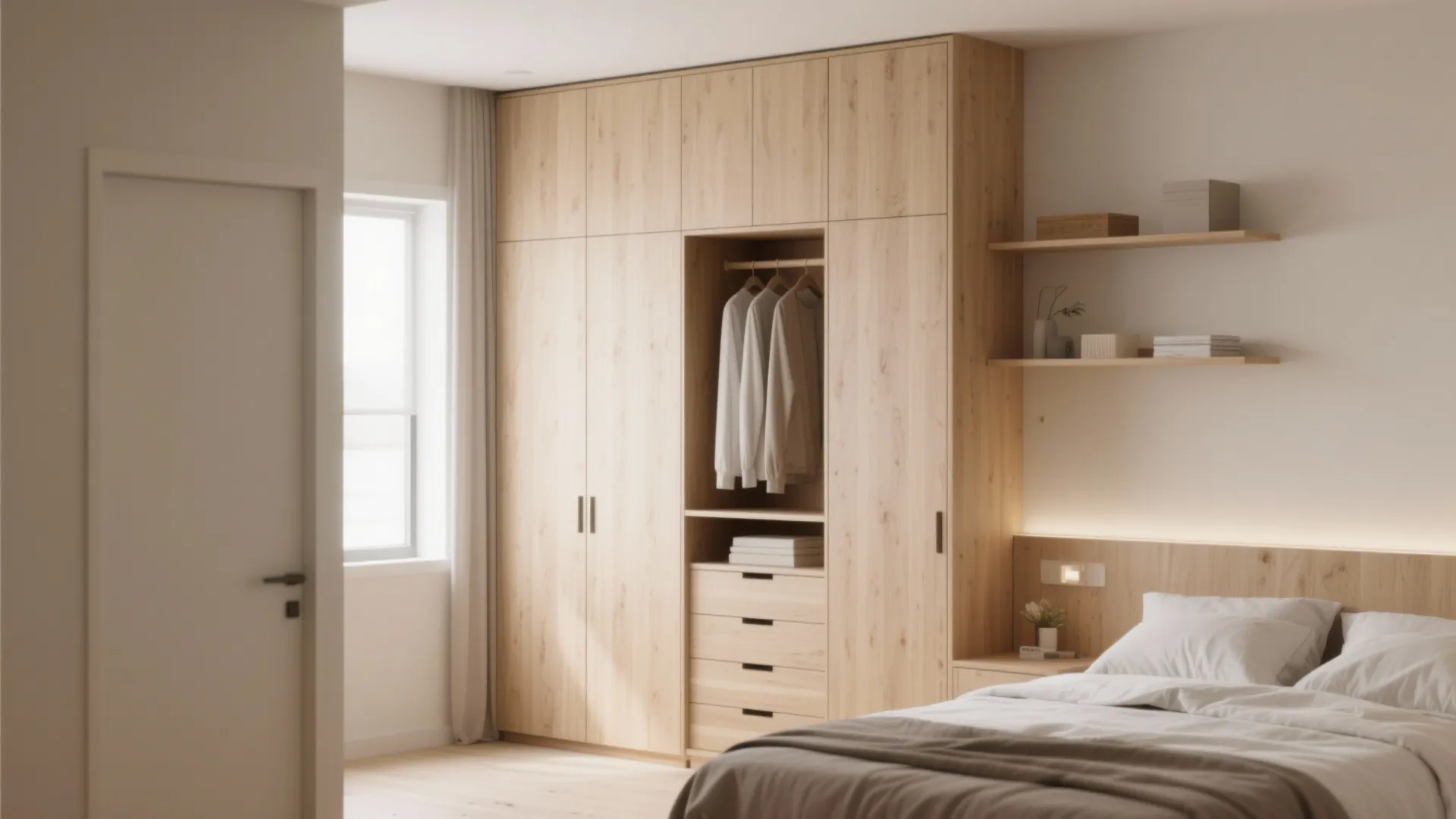 Modern bedroom with large wood cabinet for hanging clothes and drawers next to white bed