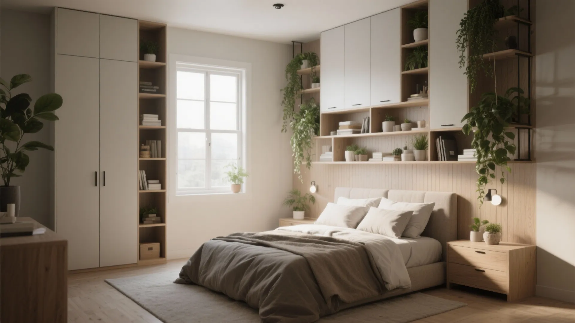 Cozy bedroom with white bed, wooden cabinets, green plants, large white wardrobe, and bright window