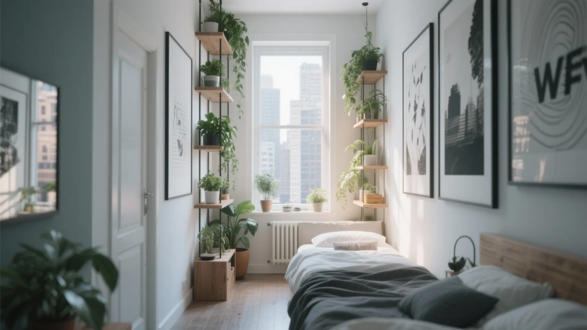 Bedroom with tall shelves, hanging plants, and stacked art