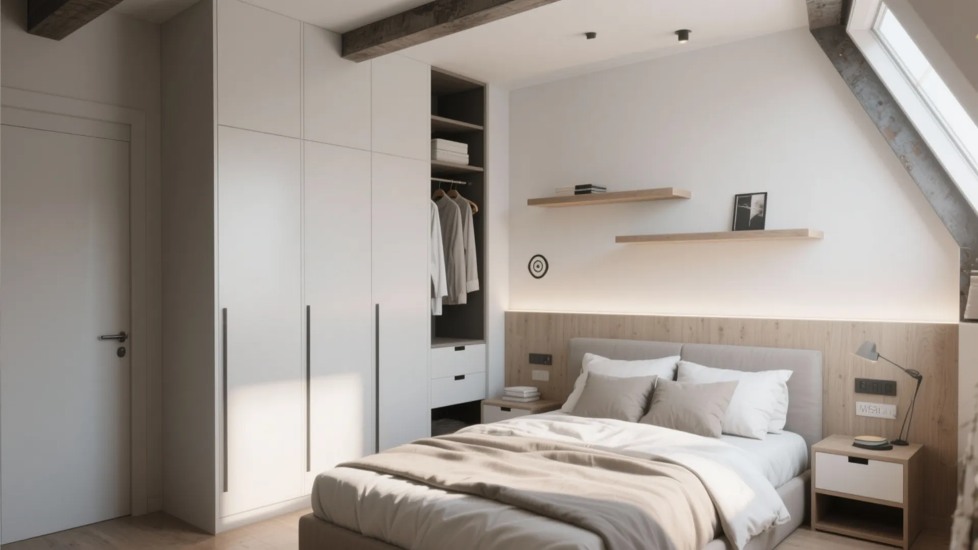 Bright bedroom with white cabinet wooden wall panel bed side table and a roof window