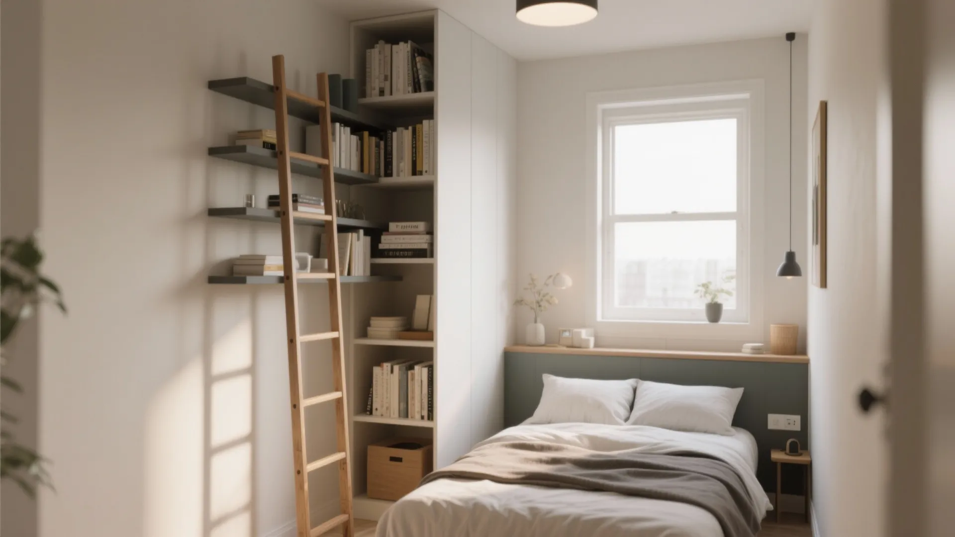 Small bedroom with vertical storage using shelves and ladder