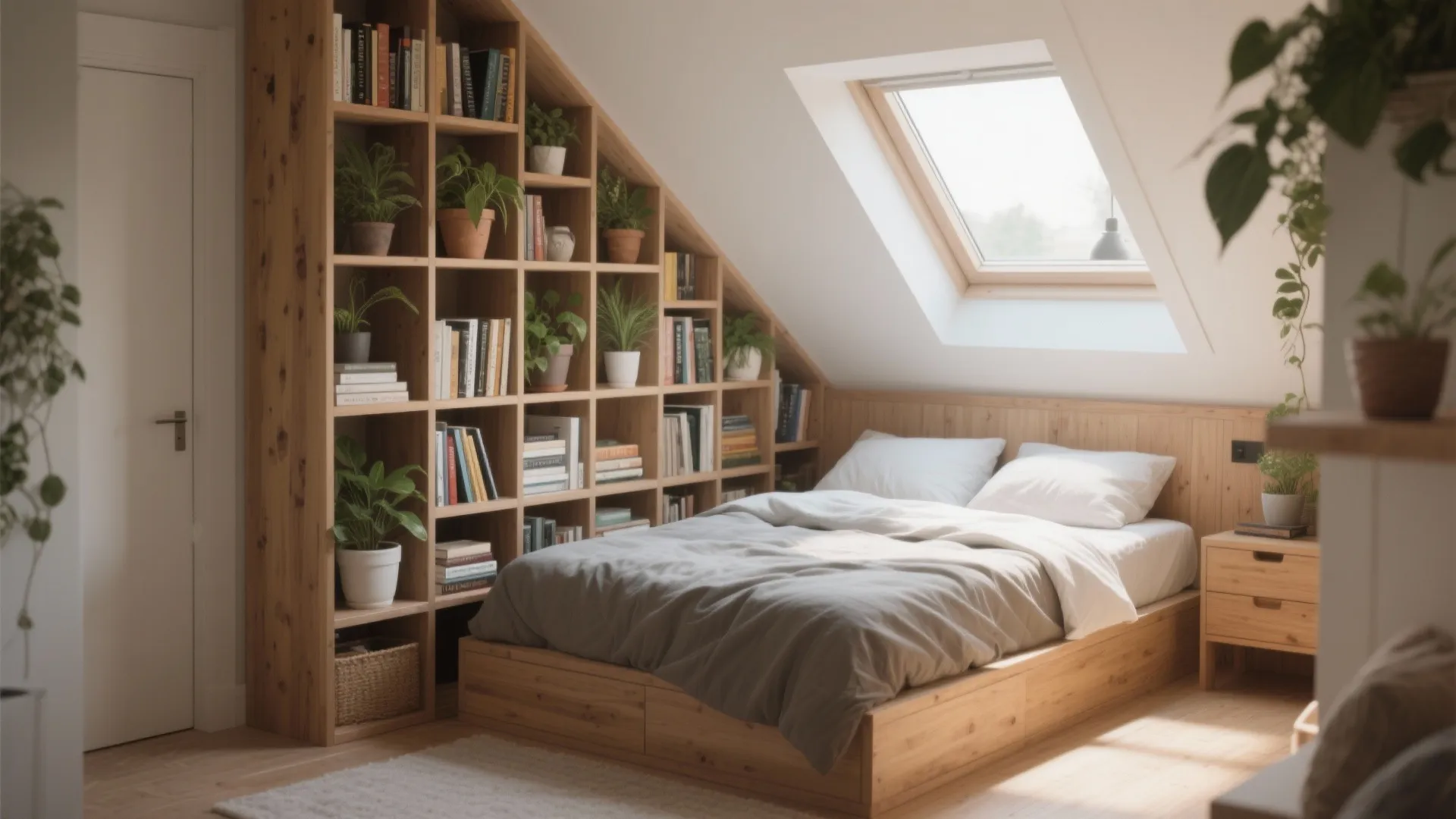 Attic bedroom interior design featuring wood bookshelf wall slanted roof window and bed with storage