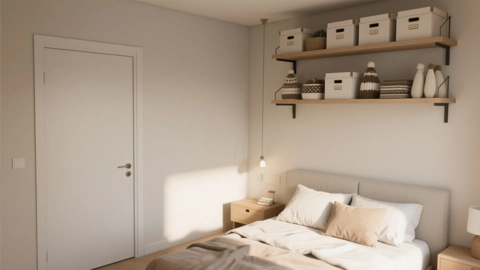 Bedroom corner with white door wooden wall shelves storage boxes bed and hanging light fixture