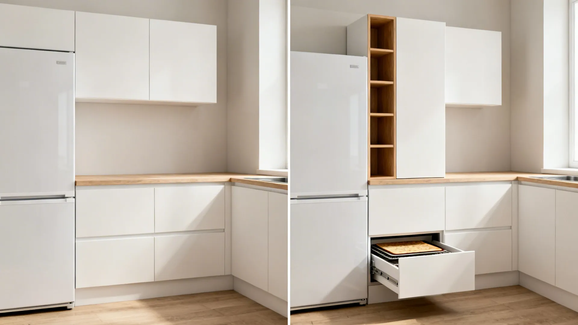Before-and-after of a small kitchen wall showing added tall and toe-kick storage.