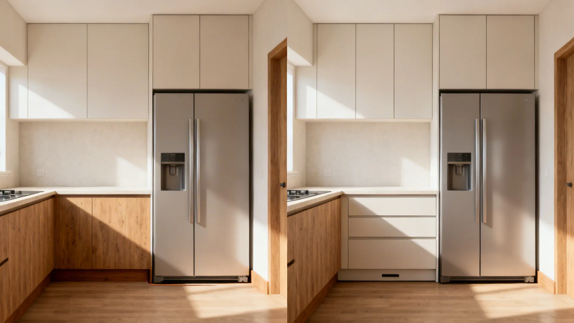 Before-and-after of a small kitchen adding toe-kick drawers and a ceiling-height over-fridge cabinet.