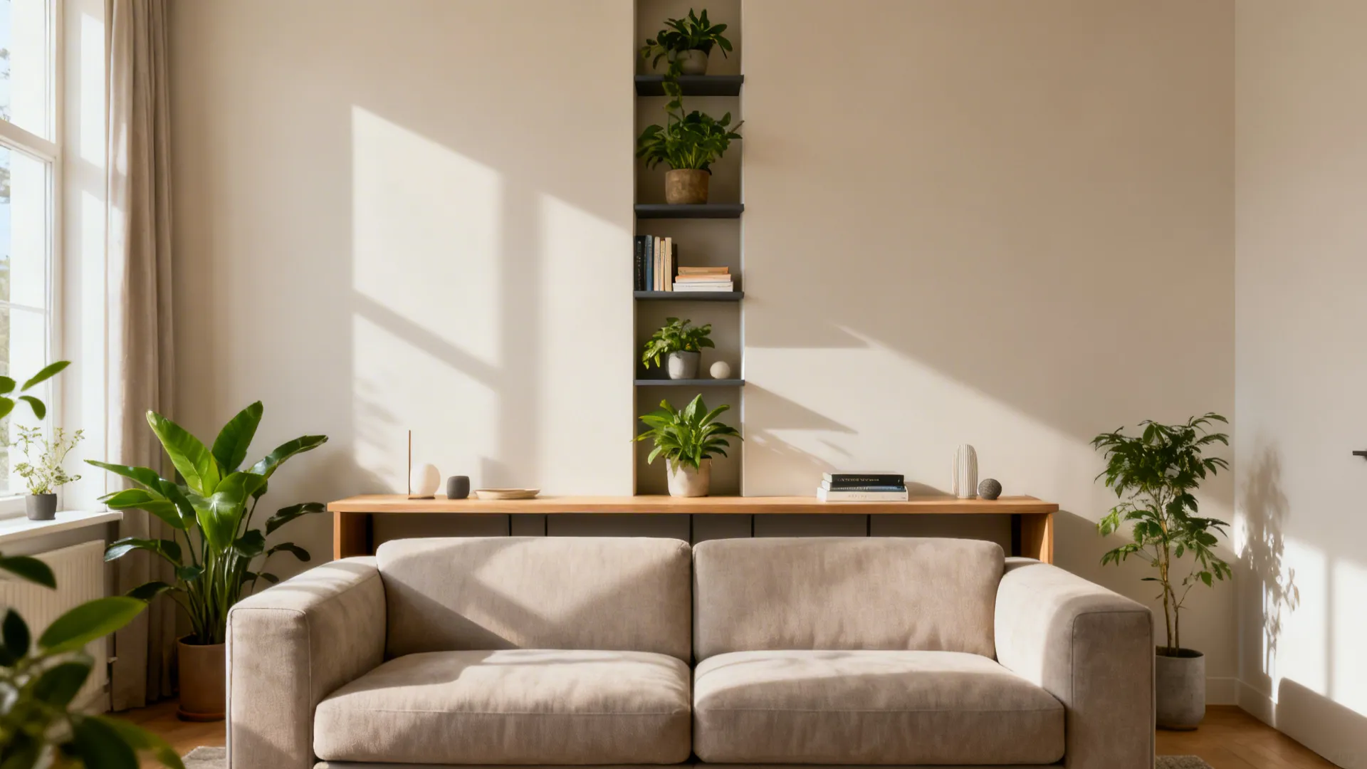 Narrow console and floating shelves behind a Bosworth sofa displaying plants and books.