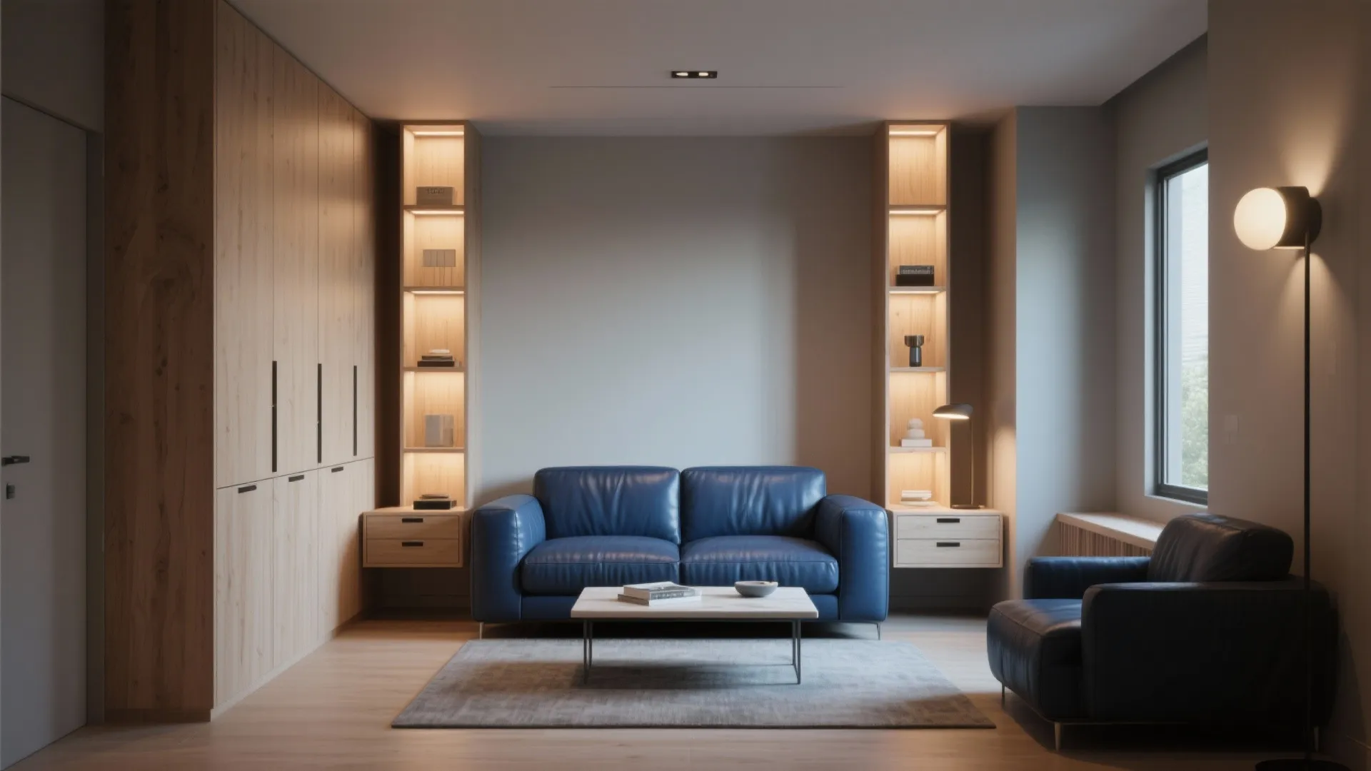 Living room interior design with blue sofa wooden wall panel storage and a wall light
