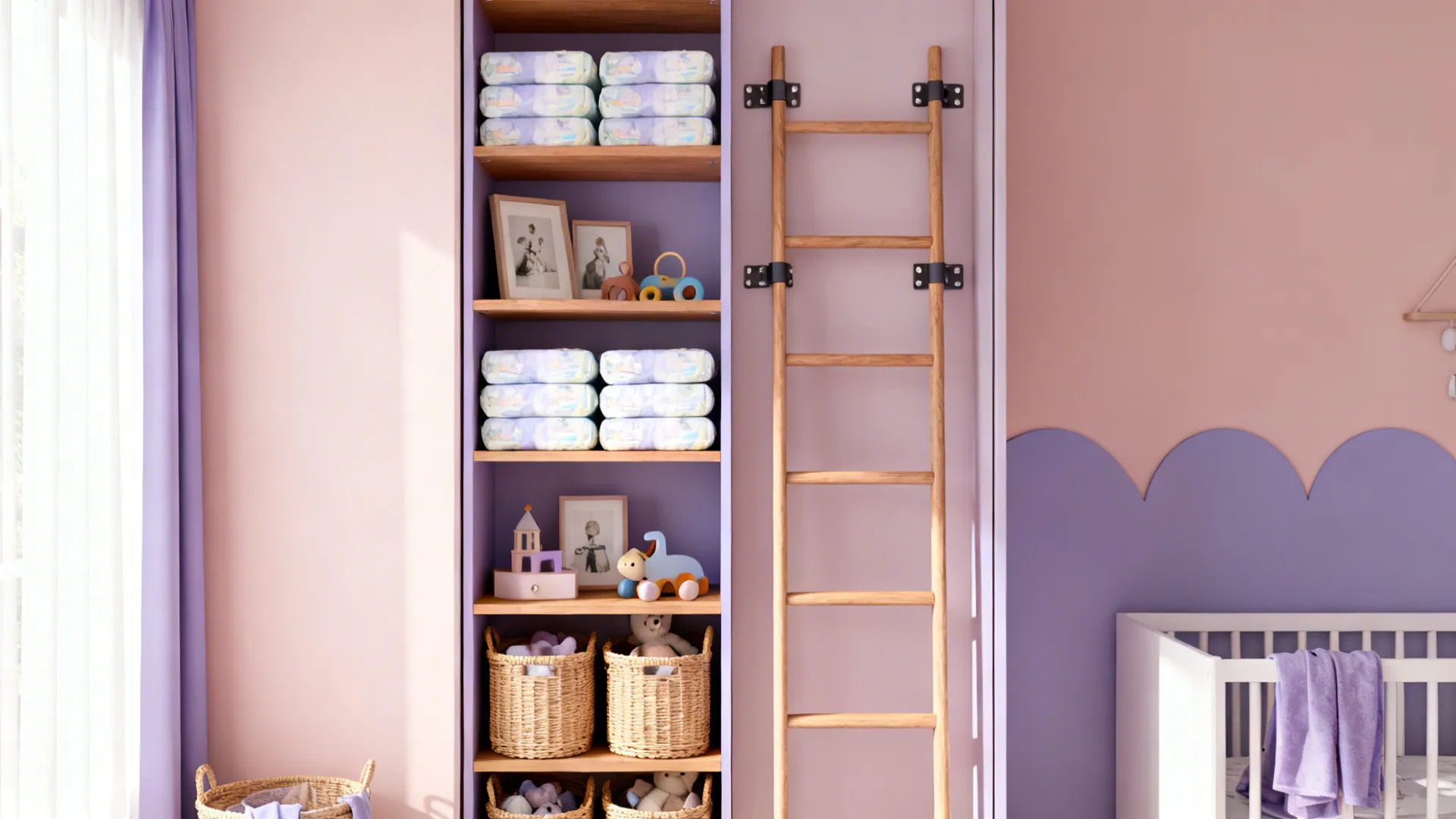 Tall narrow shelving against a blush accent wall holding baskets and baby items