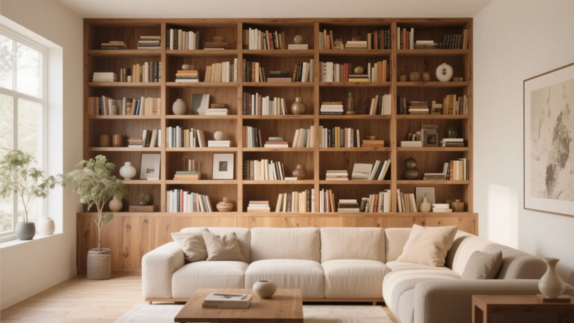 Large wooden wall cabinet filled with books behind a white sofa in a bright living room