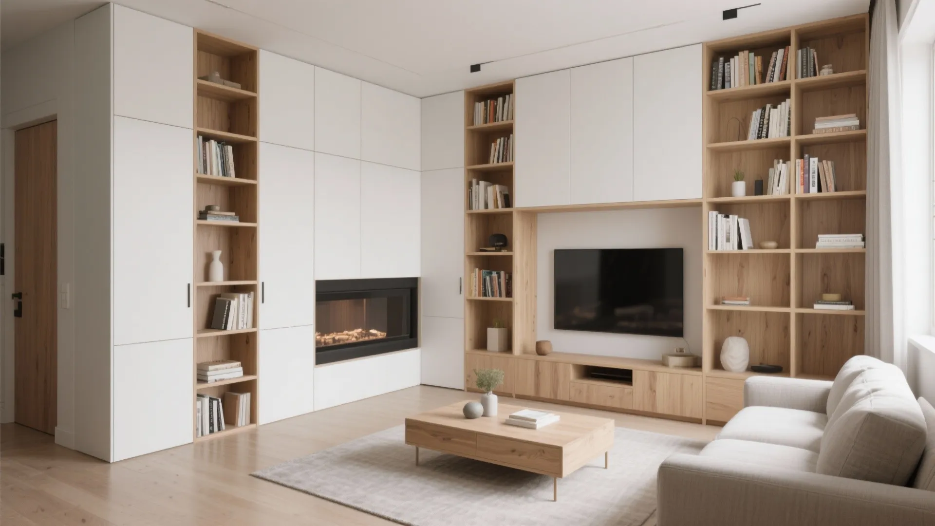 Modern living room featuring large white storage cabinet with fireplace and wood bookshelves and sofa