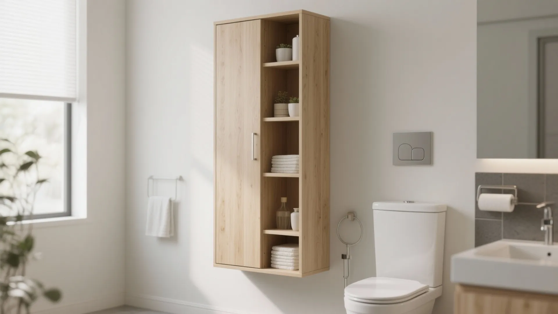 Wooden wall cabinet with open shelves and towels next to a white toilet in bright bathroom