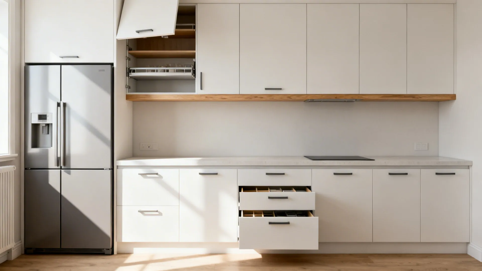 Modern white kitchen cabinets with wood shelves and open drawers next to a large refrigerator