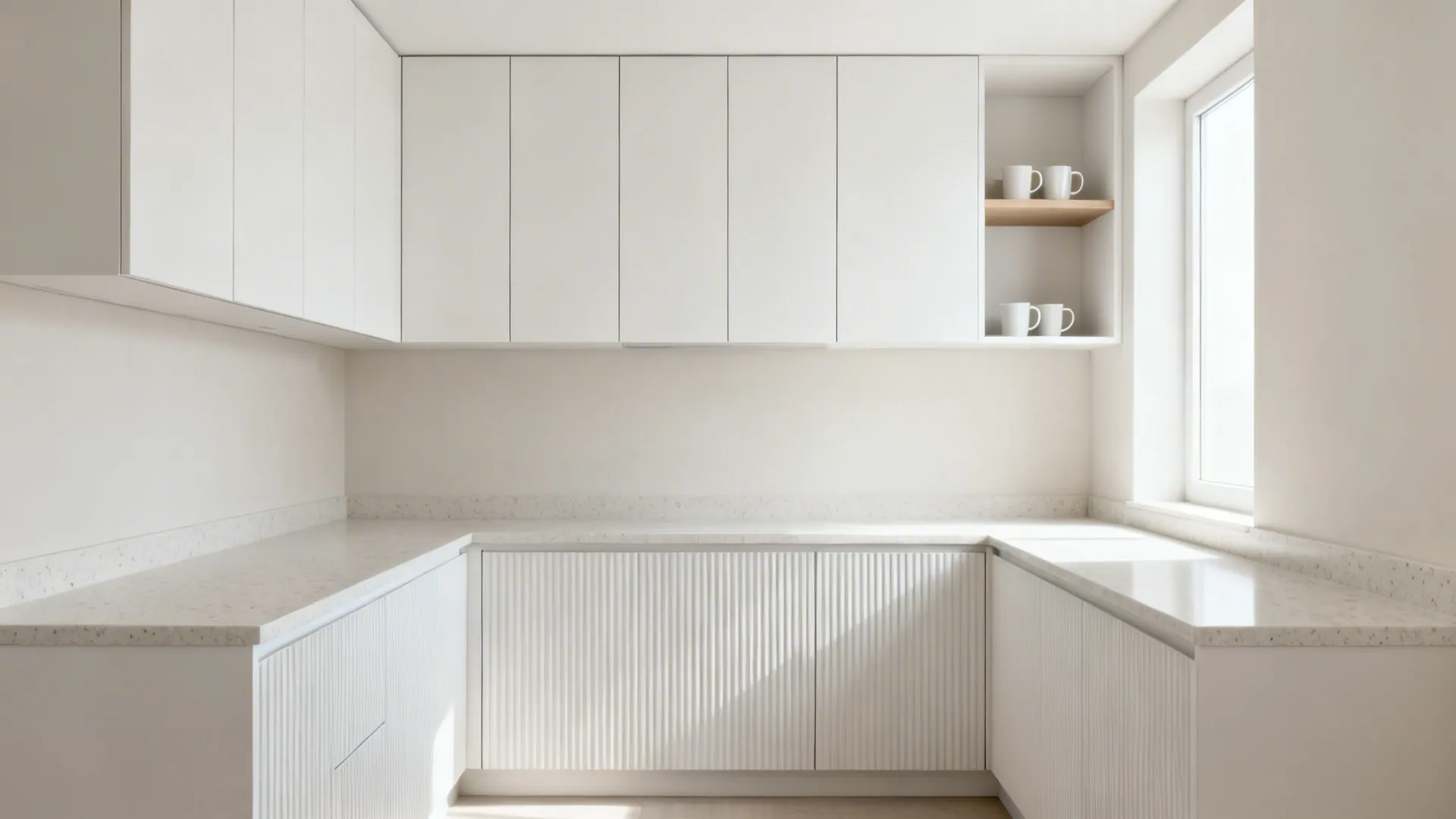 Modern white kitchen with u shaped layout white cabinets stone countertop and bright natural light