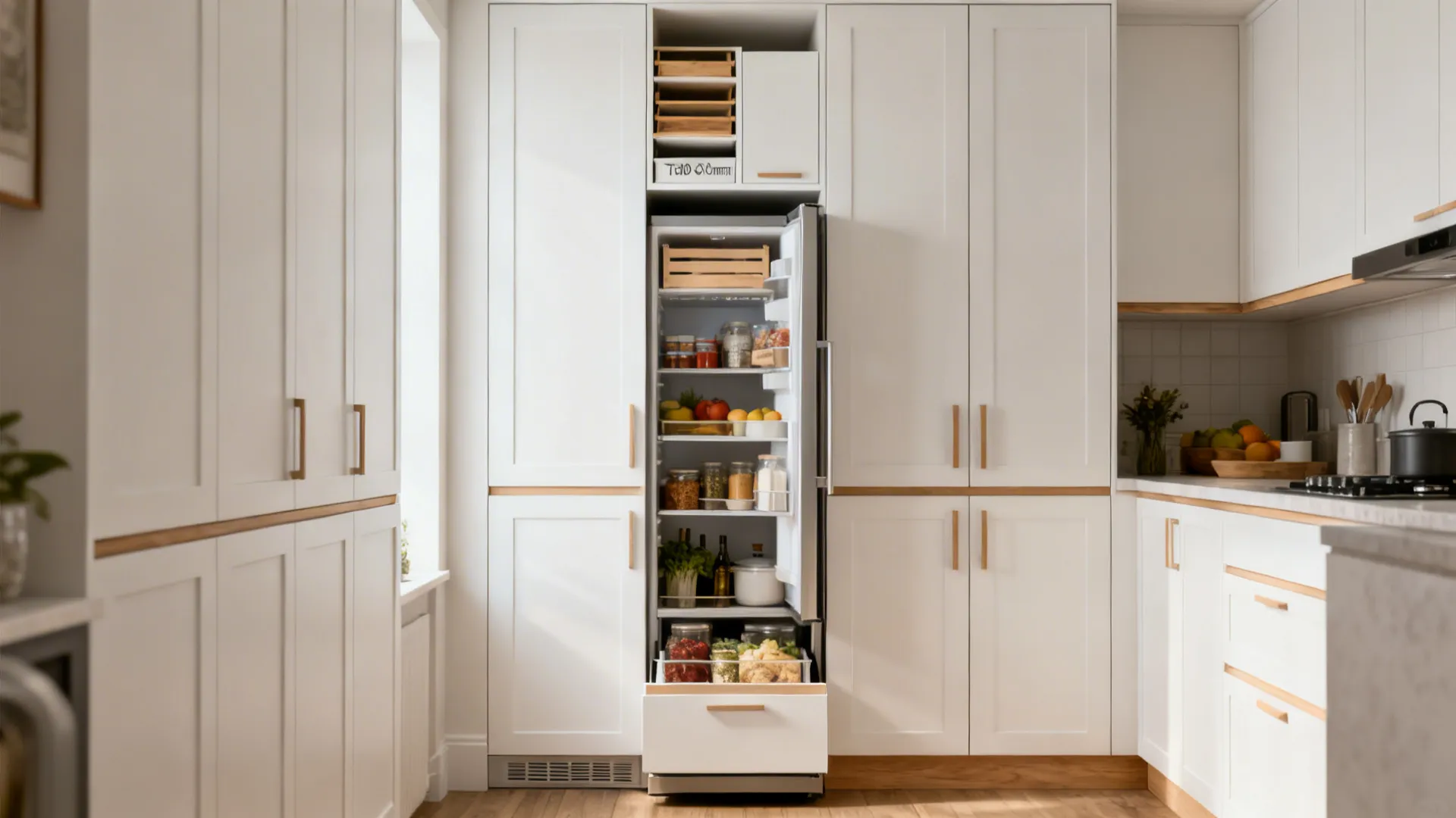 Compact kitchen with tall cabinets, an over-fridge unit, and a toe-kick drawer.