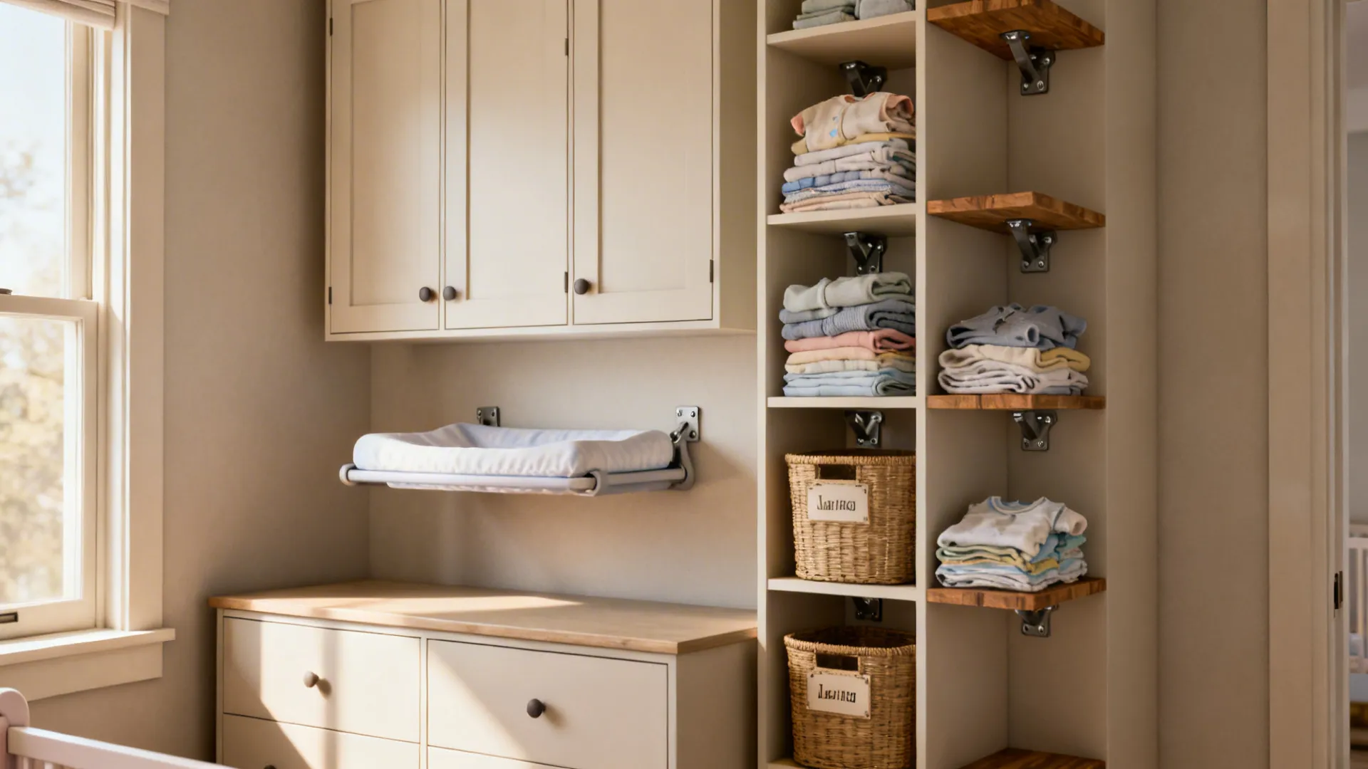 Wall-mounted changing pad above low dresser with stacked open shelves and closed cabinets for baby storage