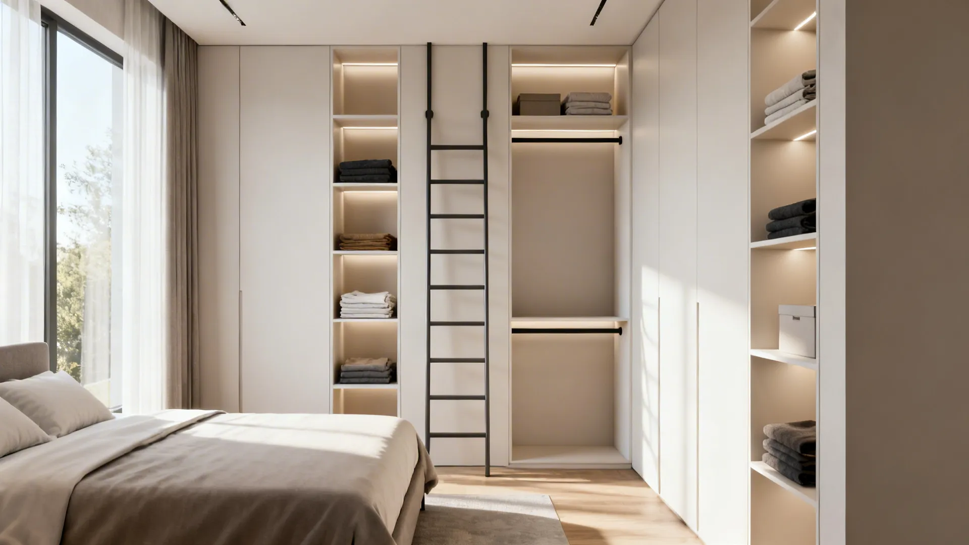 Floor-to-ceiling shelving and a recessed closet system in a small bedroom to maximize storage
