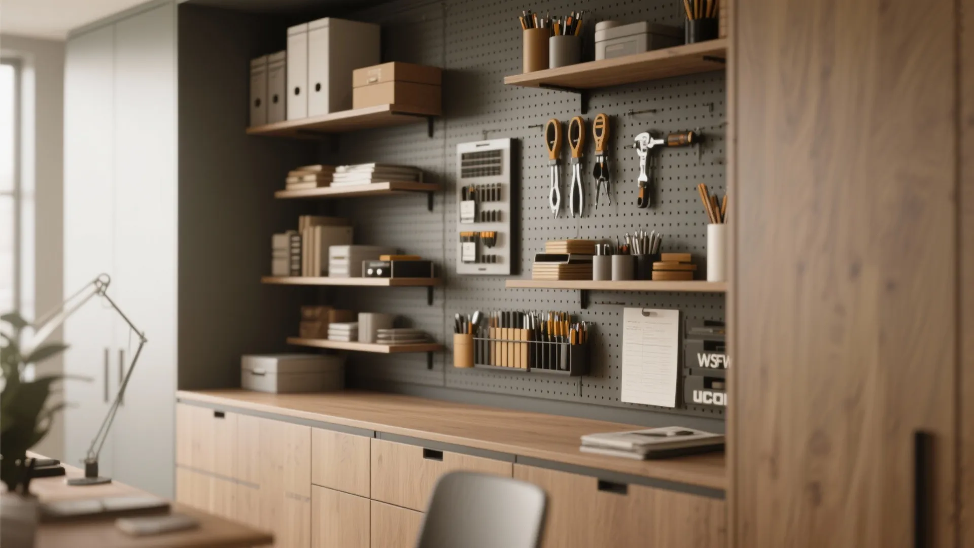 Close up of a wooden home office workbench with wall mounted pegboard and shelf storage