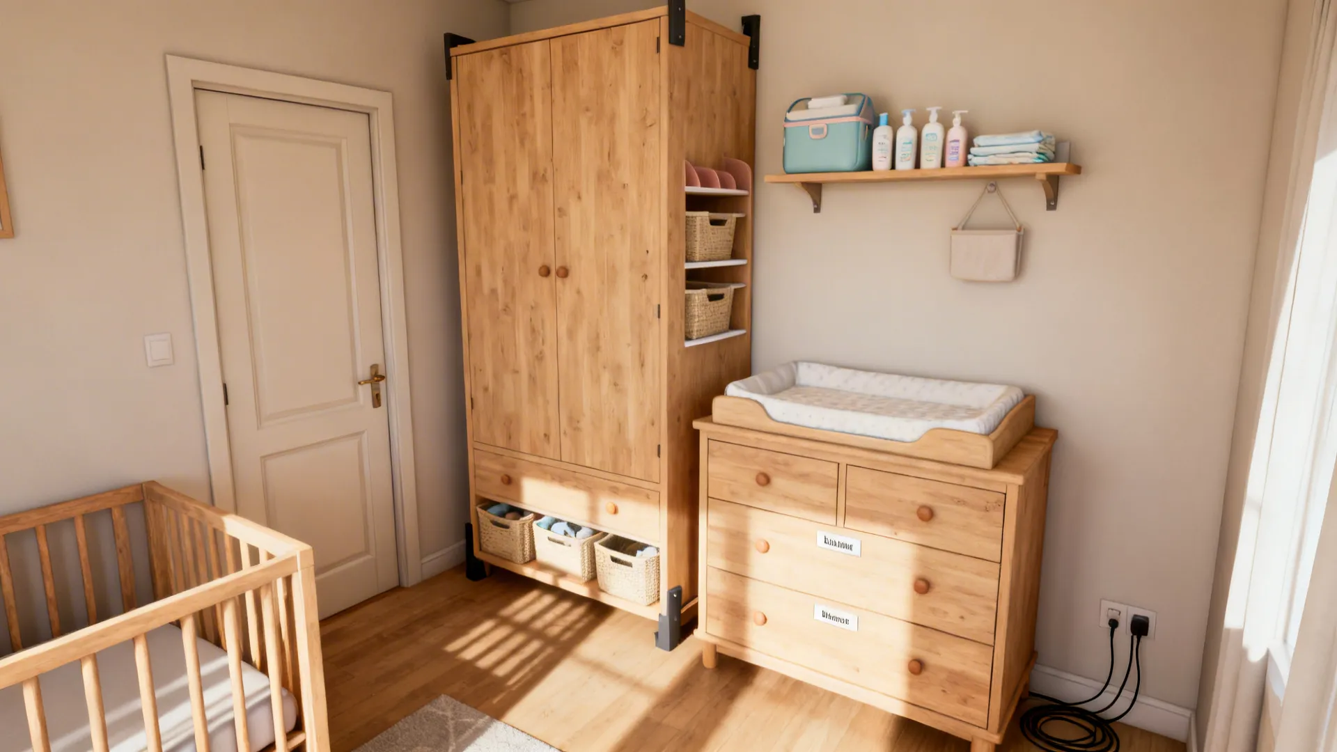 Tall wardrobe with dresser changing topper and organized shelves in a small neutral nursery.