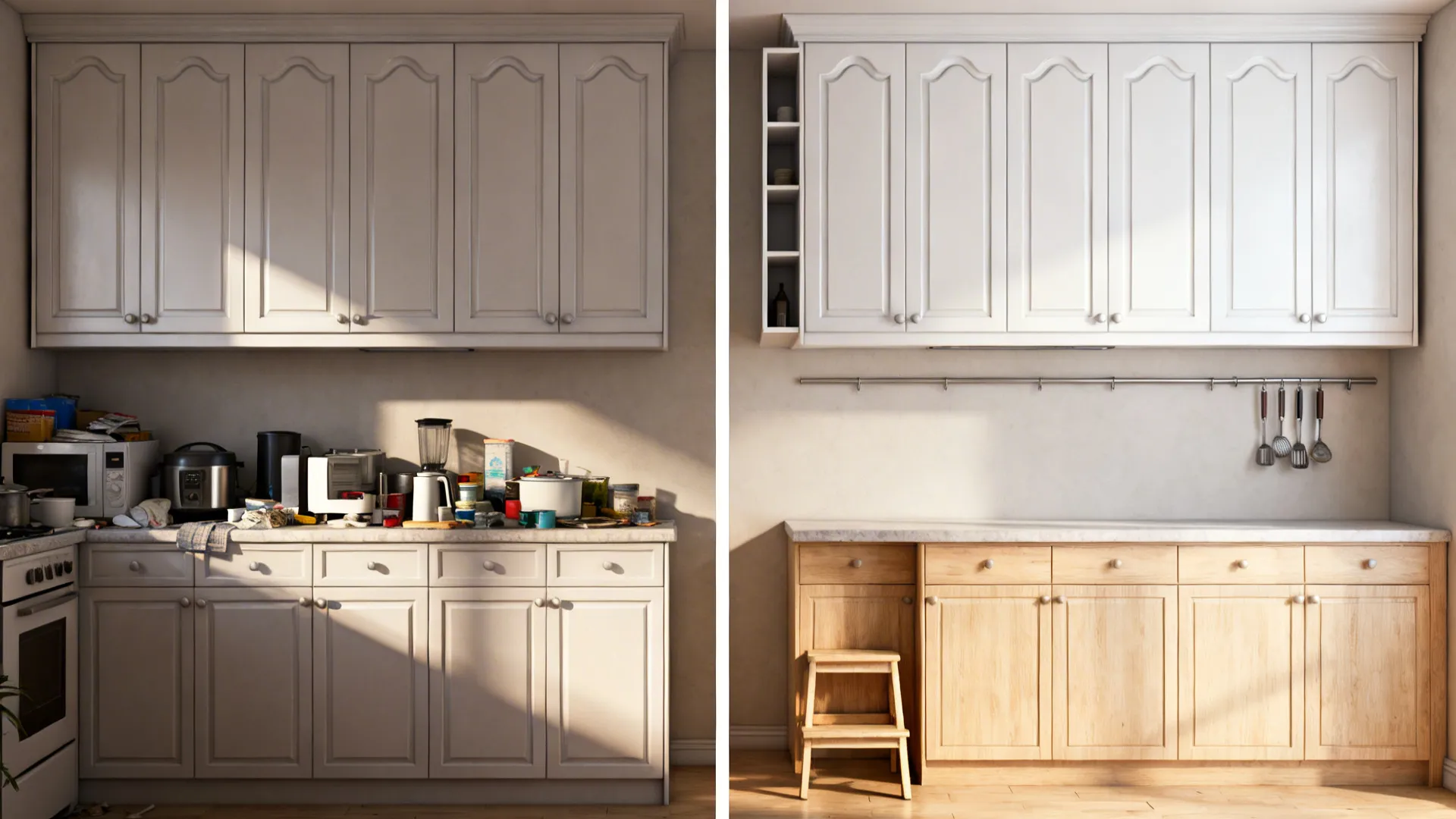 Before-and-after of a small kitchen showing ceiling-high cabinets and a utensil rail clearing the counters.