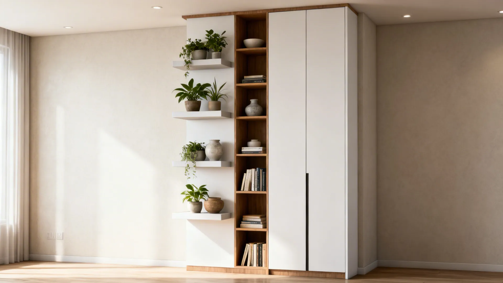White cabinet with wooden shelves for books and plants in a bright sunny living room