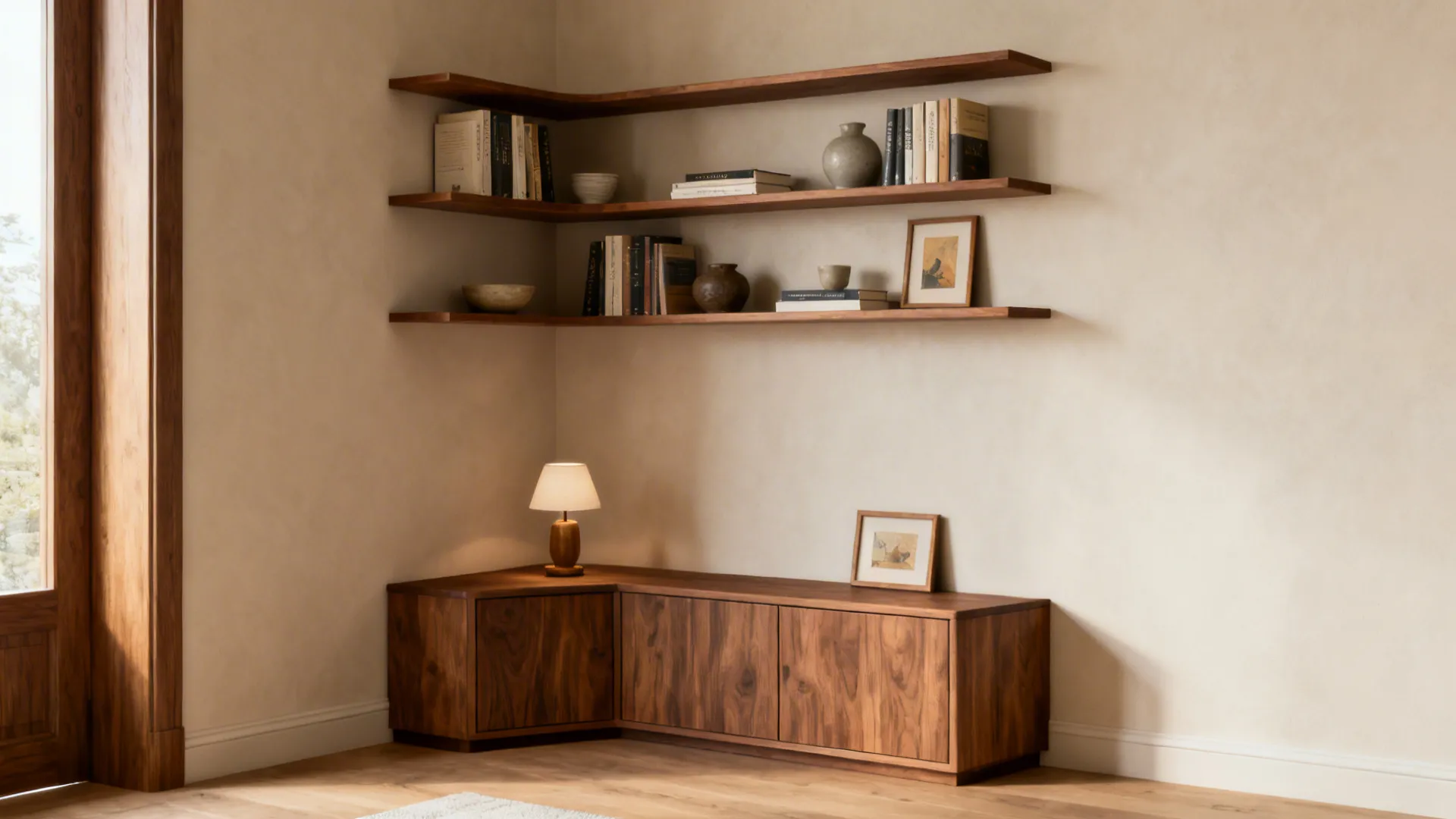 Floating shelves in a living room corner with books, ceramics, and a small lamp above a corner cabinet.