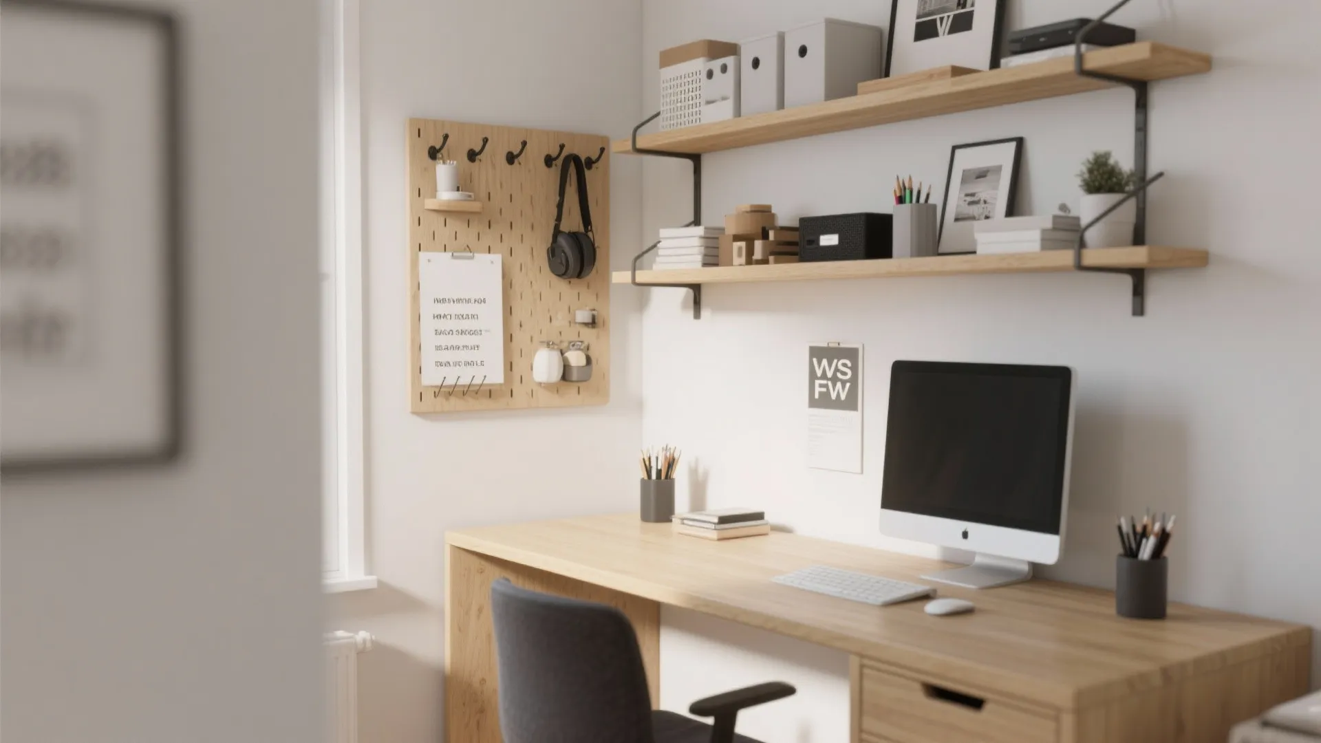 Modern wooden desk with computer and wall shelves and pegboard for organized home office storage
