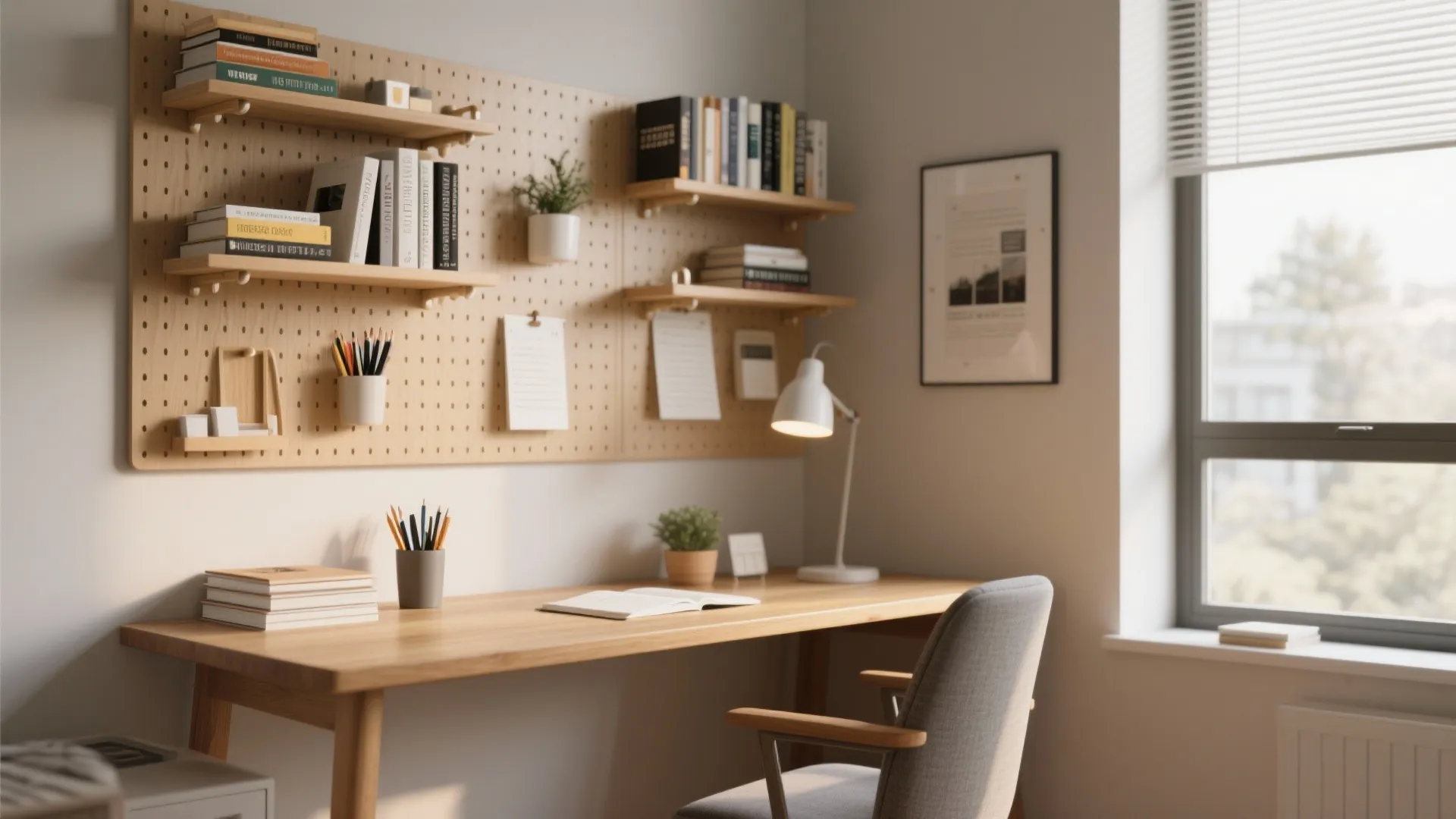 Wooden home office desk with pegboard storage wall shelves books grey chair and desk lamp