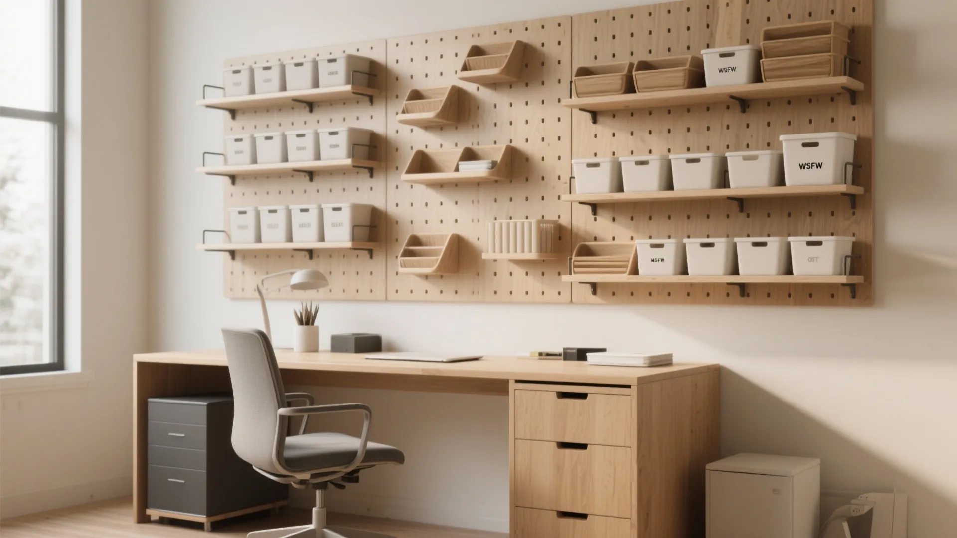 Small desk with wall-mounted shelves and pegboard for vertical storage