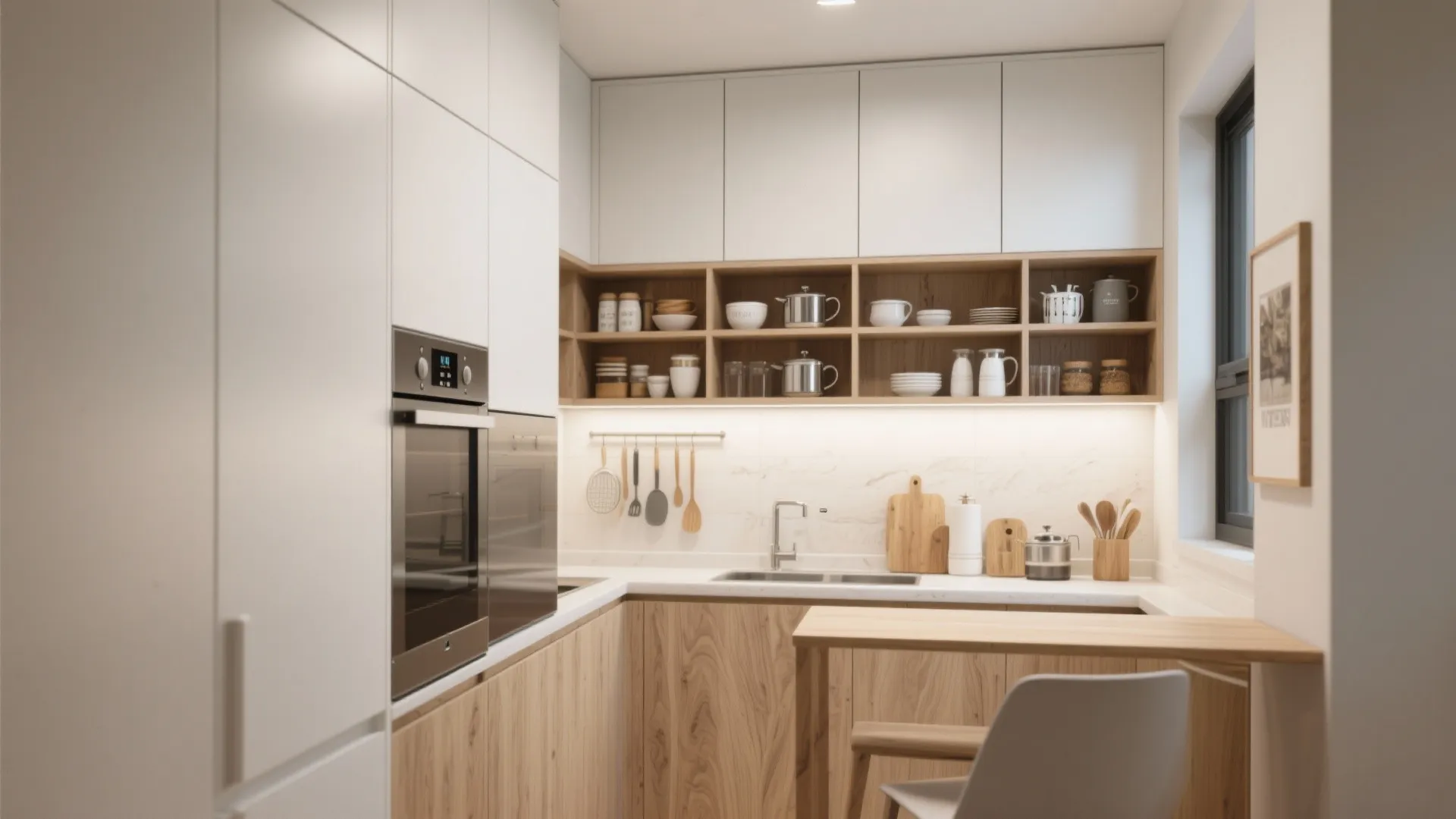 Modern kitchen with white upper cabinets wood lower cabinets built in oven and open shelving storage