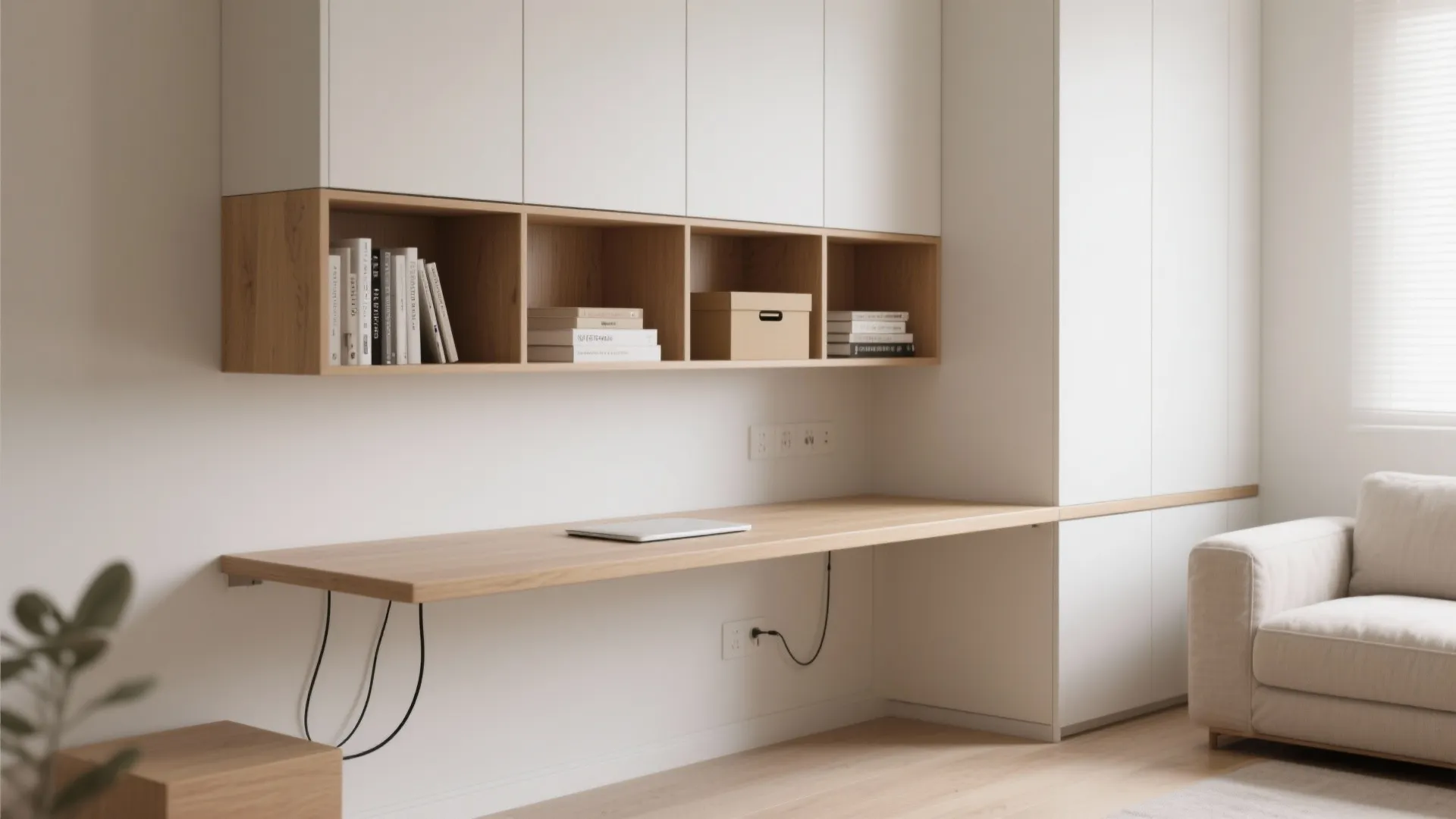 2. Vertical storage + floating desk