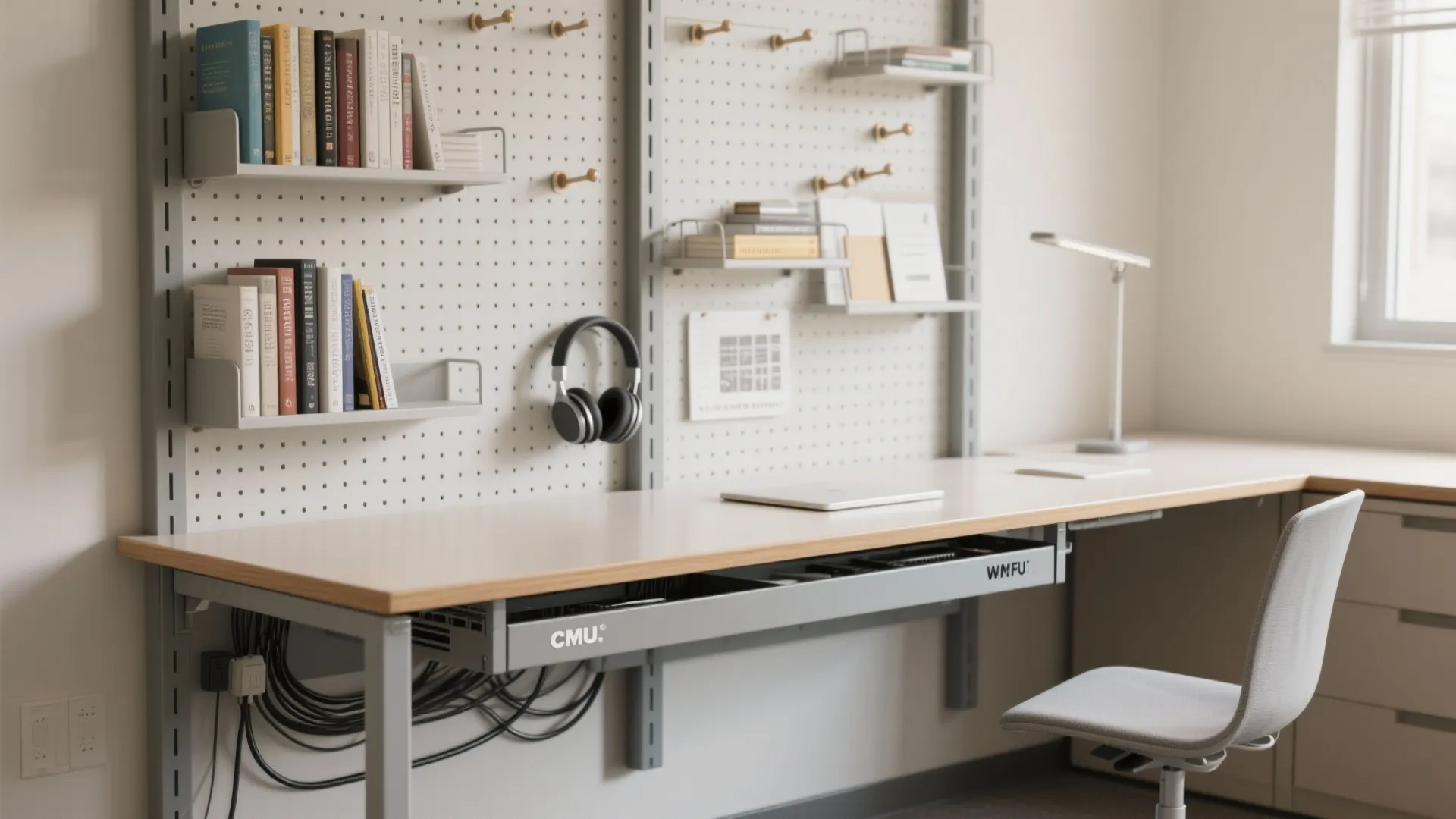 Flexible desk + vertical storage spine