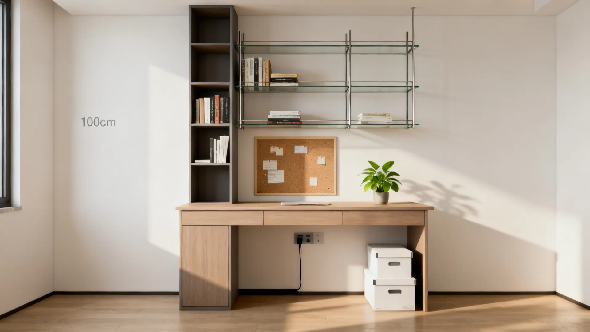 Desk with vertical storage tower, glass shelves, pinboard, and hidden power strip.