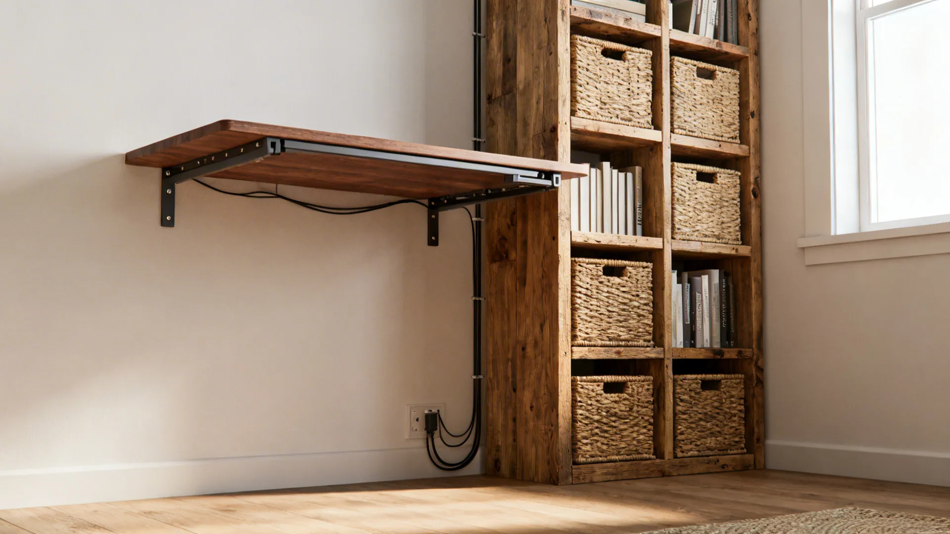 Wall-mounted fold-down desk with tall pine shelving and tidy cable management in a small office.