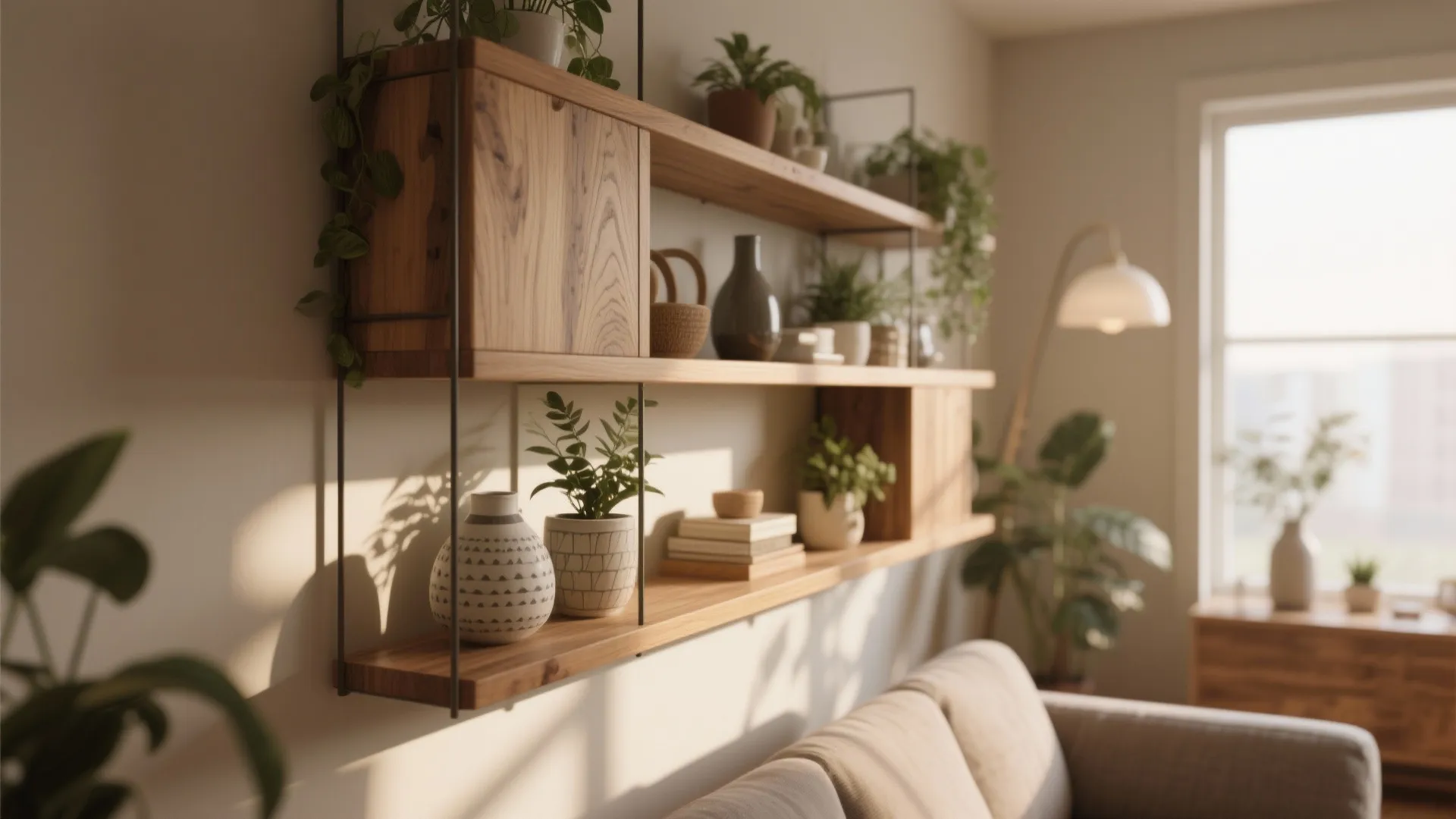 Wooden wall shelves with potted plants books and vases above a beige sofa in sunlight