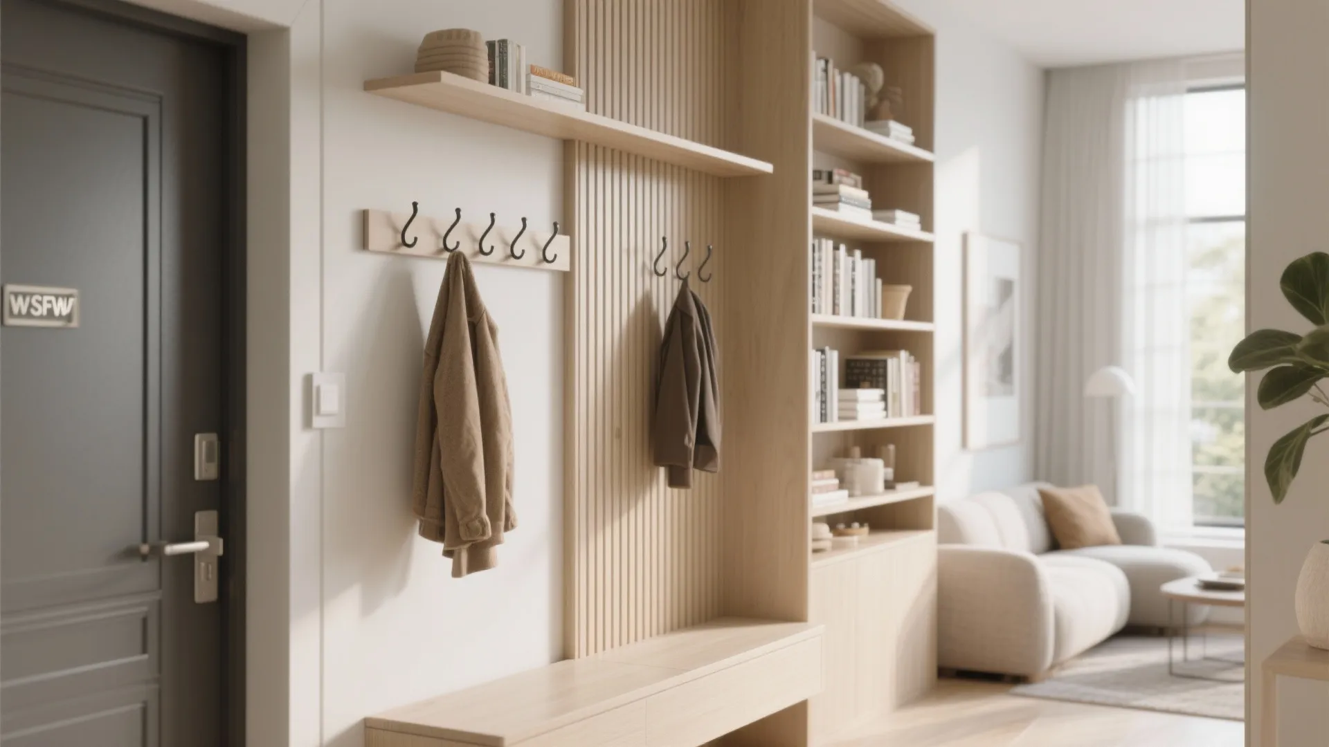 Entryway with wooden wall panel hanging coats open bookshelf bench and a glimpse of sofa