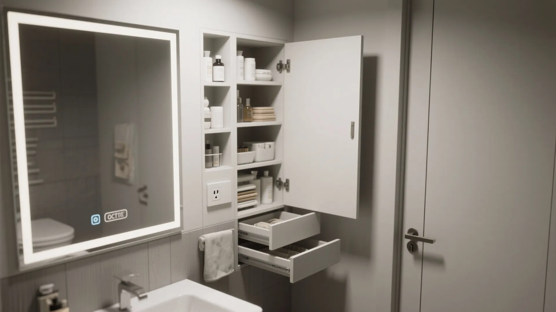 Modern bathroom storage cabinet with open shelves, pull out drawers, and illuminated mirror for toiletries