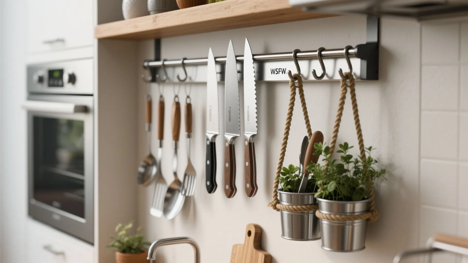 Modern kitchen wall rack with hanging knives, metal spoons, spatulas, and small green potted plants