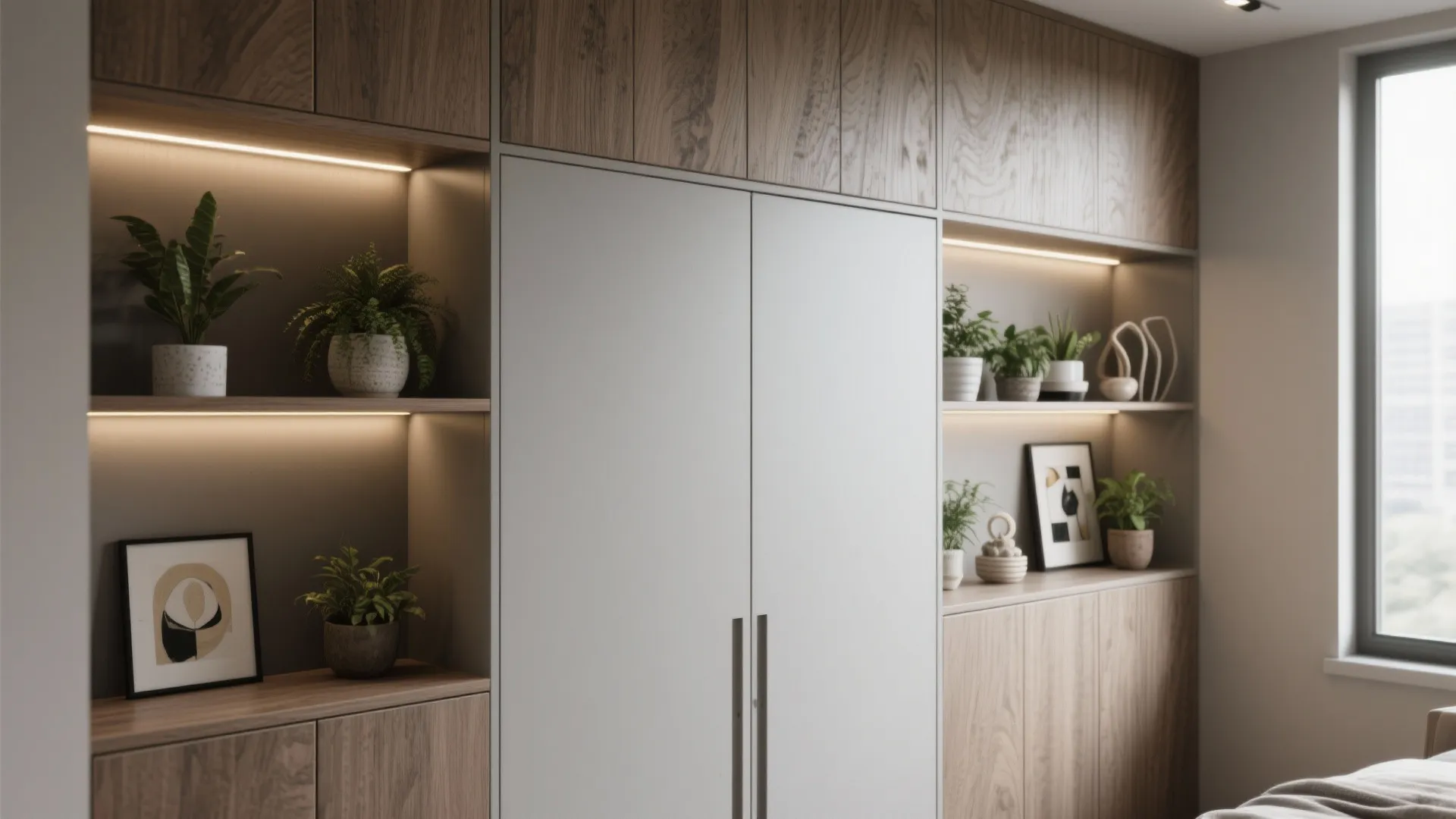 Built-in wall cabinet with wooden top, white doors, and shelves featuring plants and art pieces