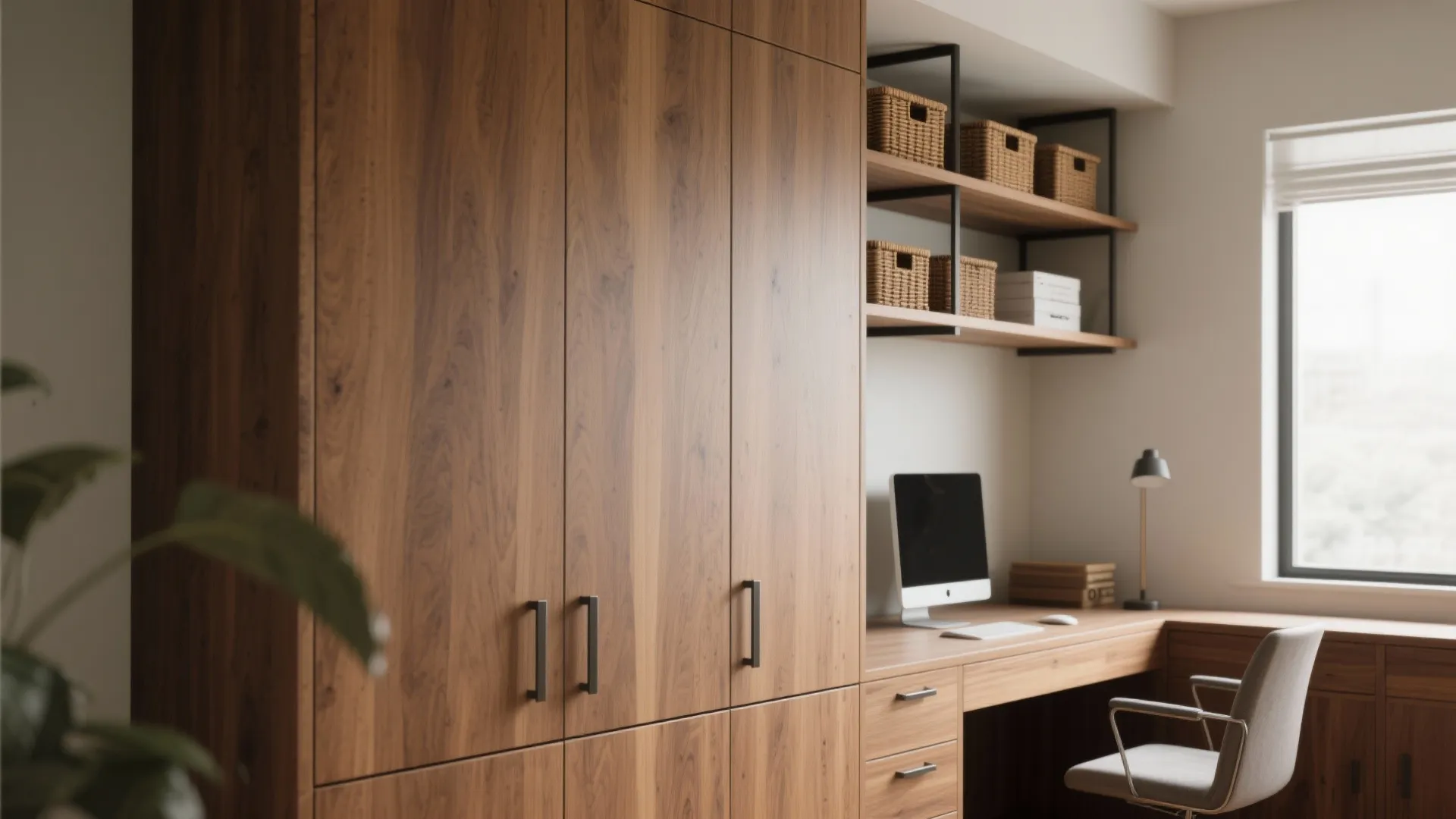 Home office with large wooden cabinet desk computer chair wall shelves and black storage baskets