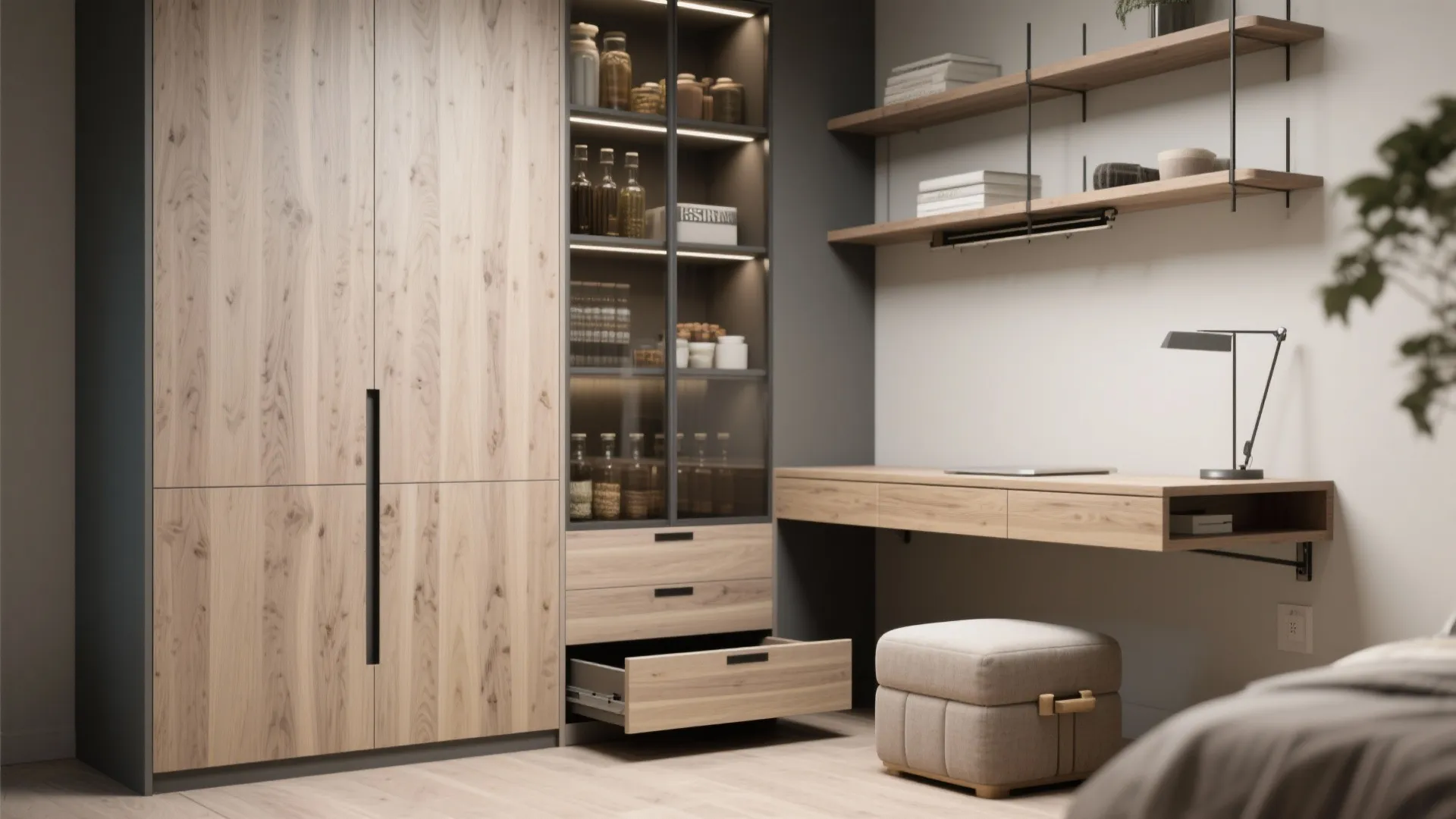 Floor-to-ceiling pantry and floating shelves showing moisture-resistant finishes and multifunctional storage pieces.