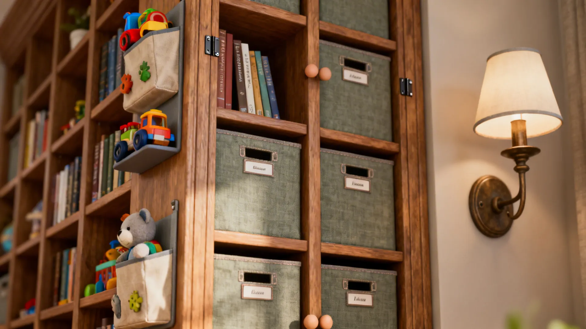 Close up of wooden bookshelf with green fabric storage bins books and a wall light