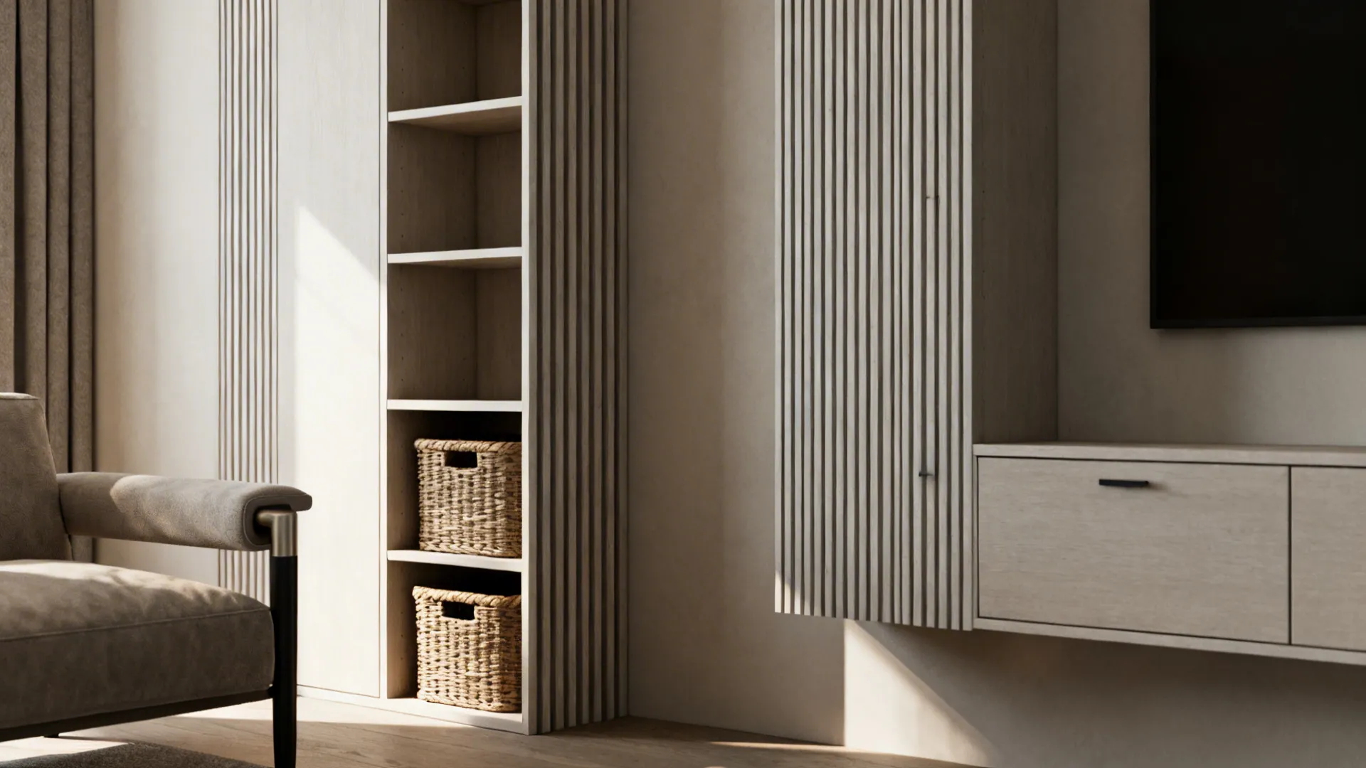 Tall slim shelving and wall-mounted cabinets with storage baskets and slim sofa profile highlighting vertical storage.