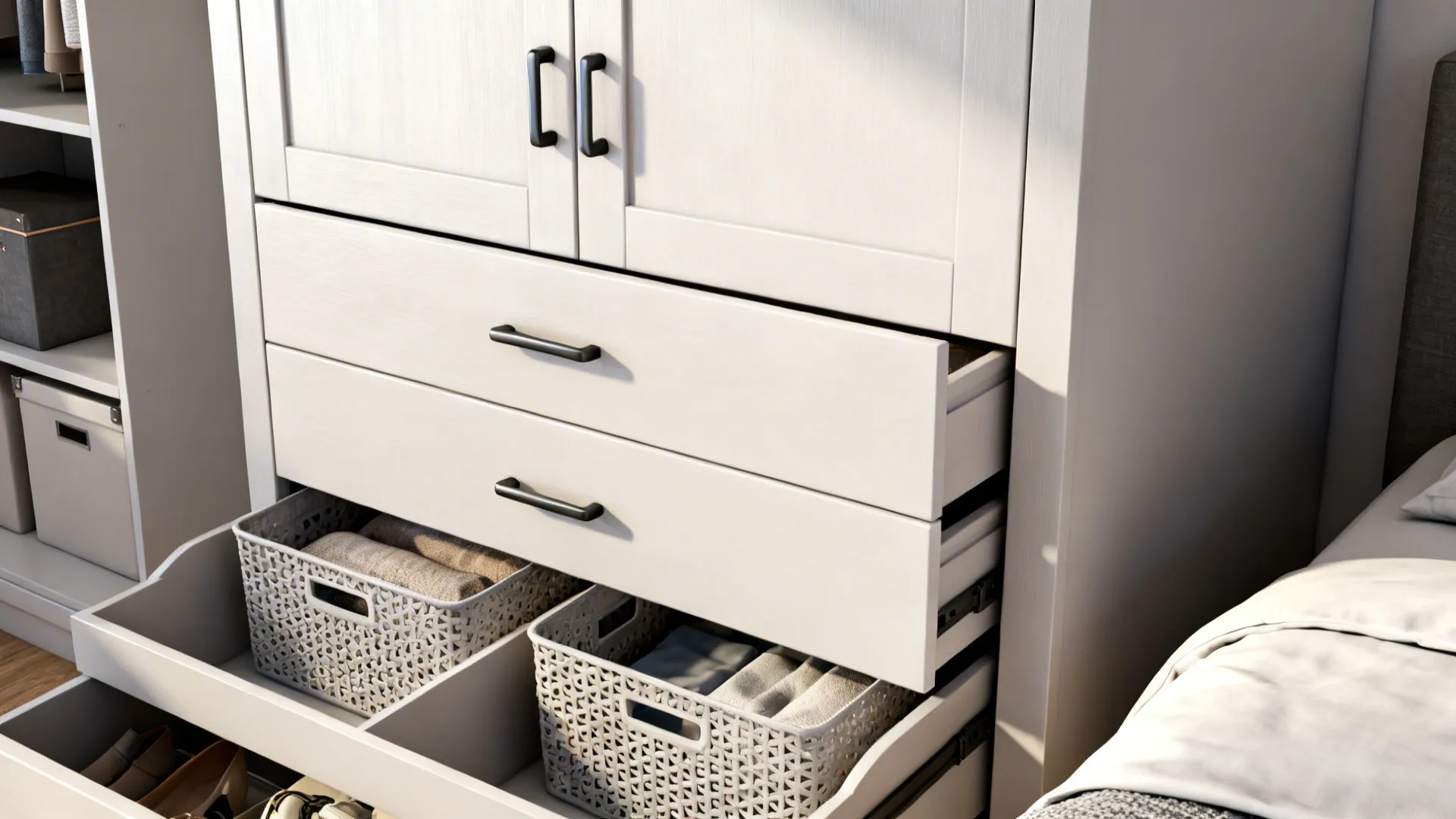 White cabinet drawers with black handles showing organized storage baskets for clothes and personal items