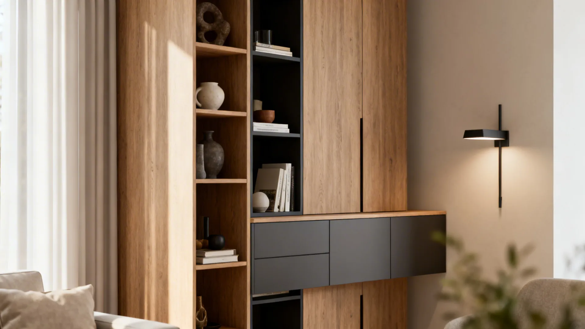 Tall shelving and floating cabinets with curated styling to keep the floor readable