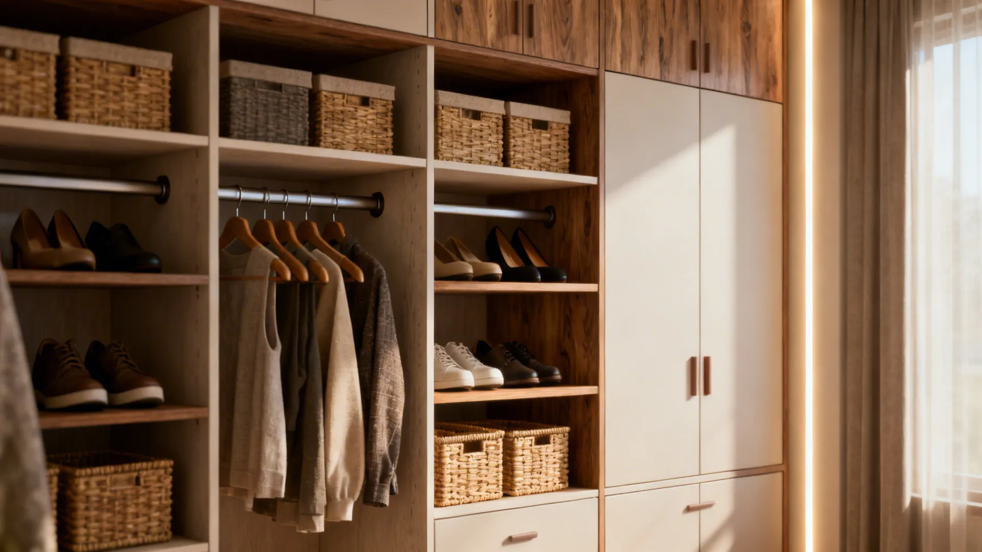 Floor-to-ceiling shelving with double hanging rods, woven bins and enclosed cabinets