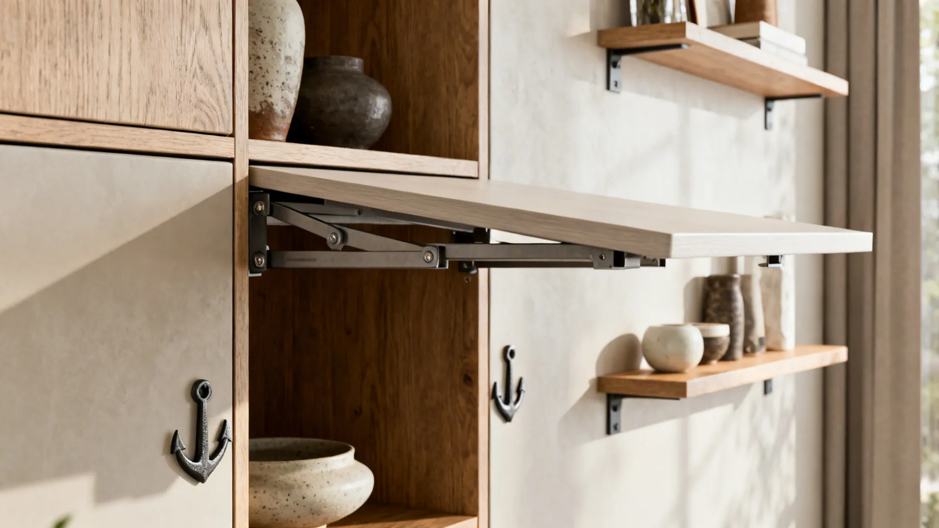 Wall mounted wooden cabinet featuring a fold down desk with metal hinge and anchor hooks